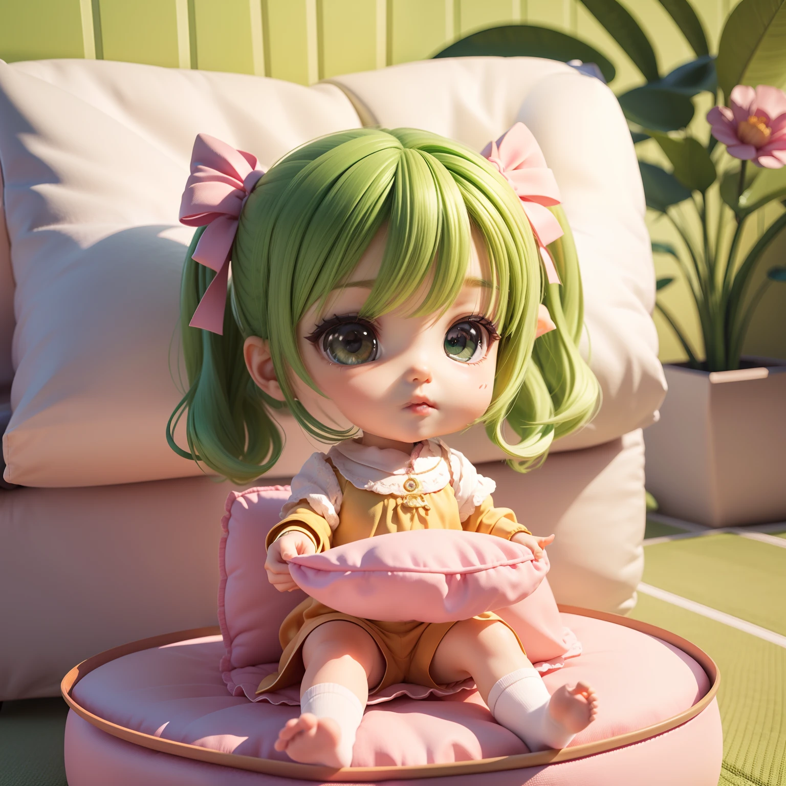 Cute  Chibi Anime、(((Chibi 3D))) (Best Quality), (masutepiece)、Green long hairstyle、Chibi Attic、Sit on a pale pink cushioned sofa set、A detailed face、relax