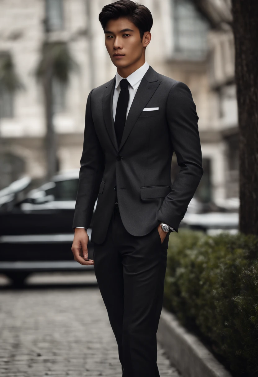 A portrait of a 20-year-old Japanese male in a smart business style for autumn/winter. Dressed in a charcoal grey tailored suit from Armani, white dress shirt, black silk tie, and black leather brogues. The look is elegant and refined. A smart business hairstyle for autumn/winter. A neat, combed-back look with a strong hold, giving a mature and confident appearance.