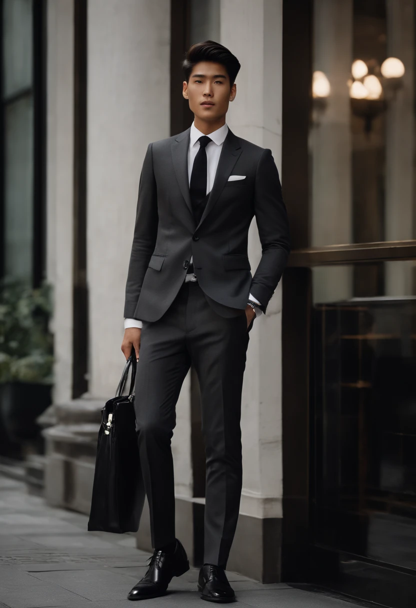 A portrait of a 20-year-old Japanese male in a smart business style for autumn/winter. Dressed in a charcoal grey tailored suit from Armani, white dress shirt, black silk tie, and black leather brogues. The look is elegant and refined. A smart business hairstyle for autumn/winter. A neat, combed-back look with a strong hold, giving a mature and confident appearance.