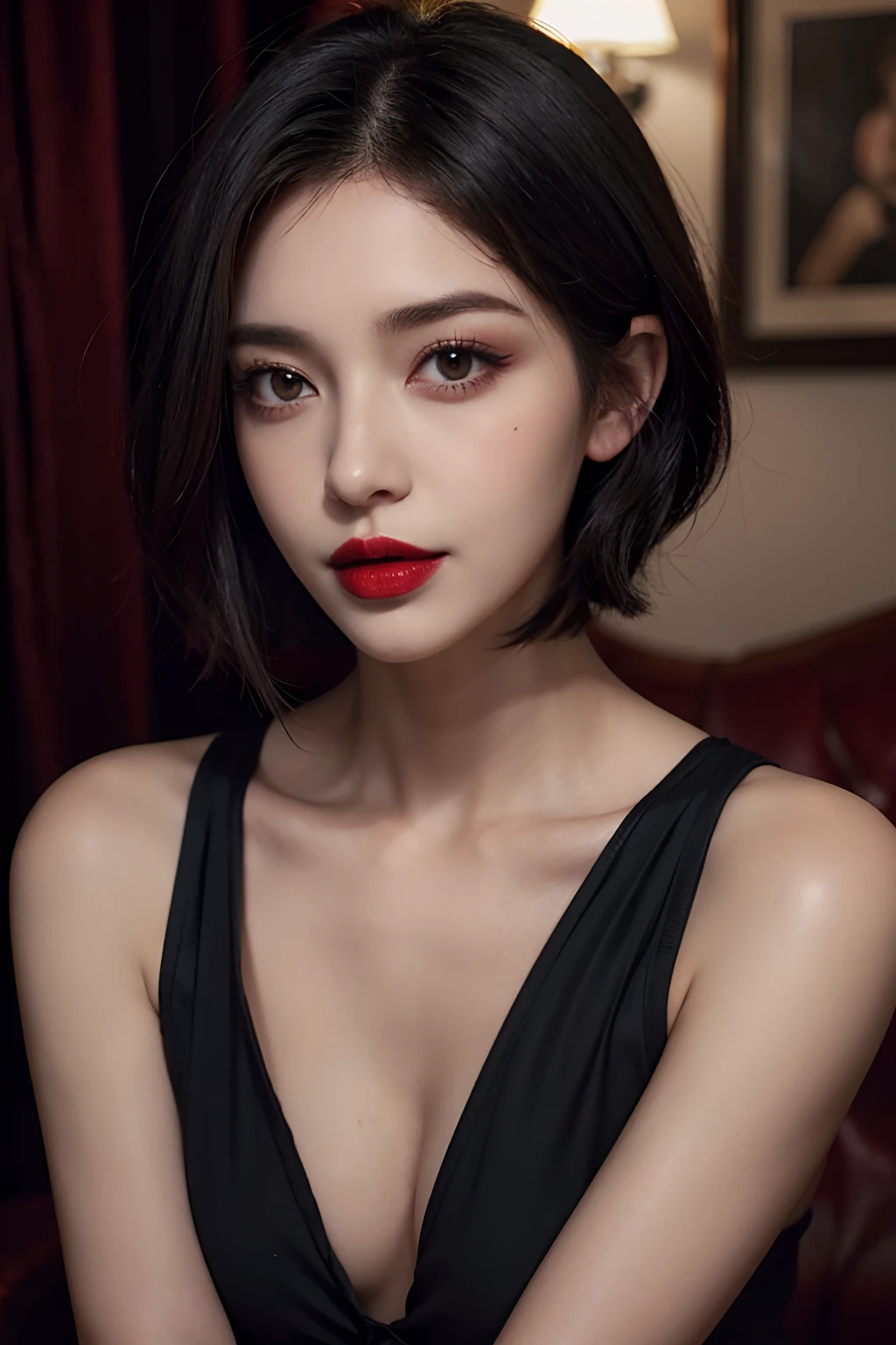 Silver short bob hair，Heavy makeup，Red lips，mature，Beautiful face，black lence stockings，Thin stature，Charming