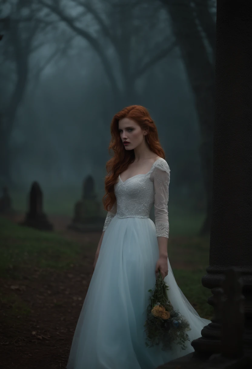 Clip from the Mario Bawa horror movie, Full medium close-up, A gorgeous 18-year-old woman like Bella Thorne, Long red hair, Soft pale skin, Cute and youthful face, defined eyebrows, Light blue eyes, Delicate nose, Plump and rounded lips, Walk in a Gothic cemetery in a white wedding dress at night, Fog and rain conditions, ghostly atmosphere, 1600s, (High skin detail: 1.2), Ultra-detailed, photo-realistic, Depth of field, Cinematic lighting, IMAX cameras, hdr, DTM, Full-HD, 8K