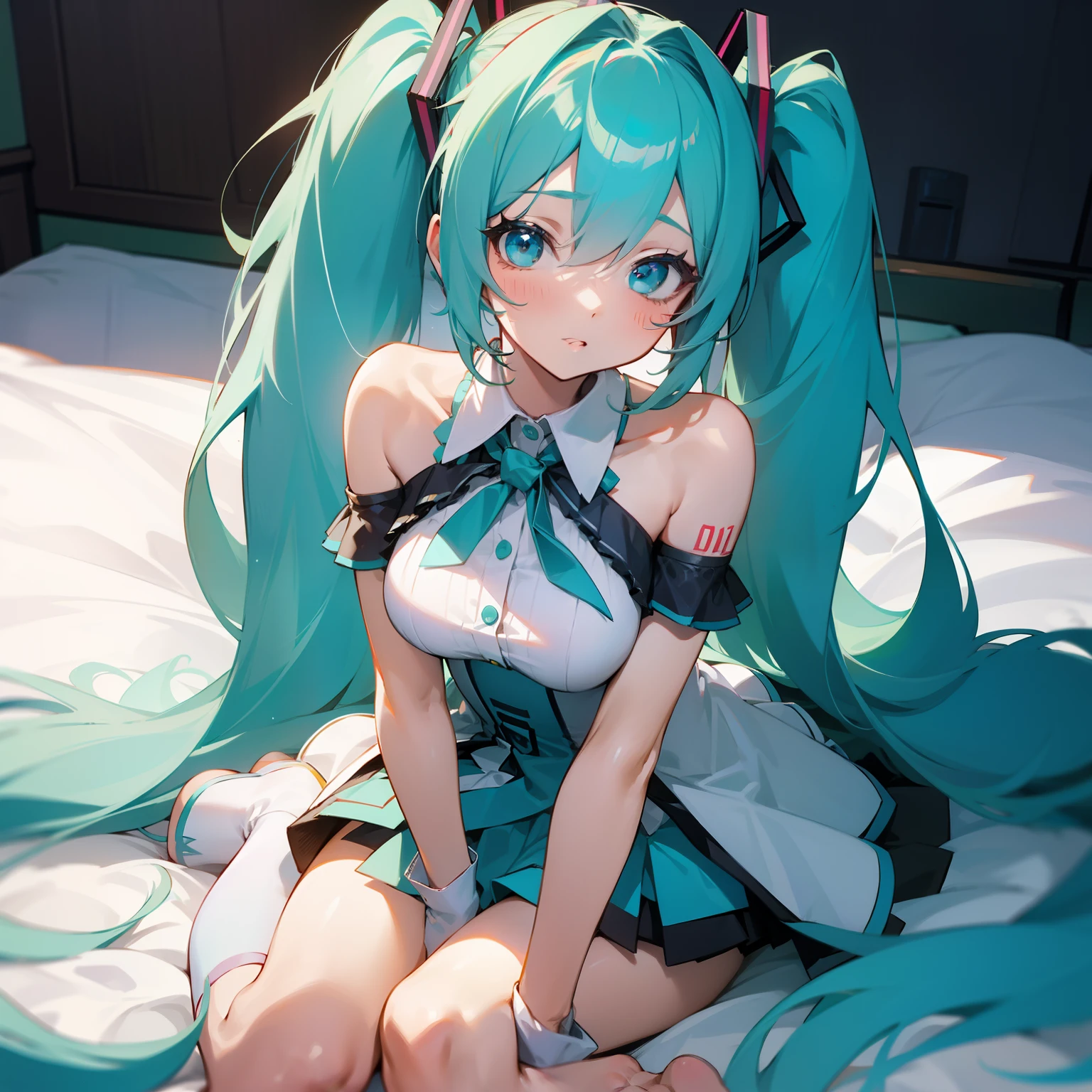 miku hatsune、top-quality、small curvy li、(not any dressed)、very big boobs、Black sexy panties、、kindly smile、Underwear、crouching cowgirl