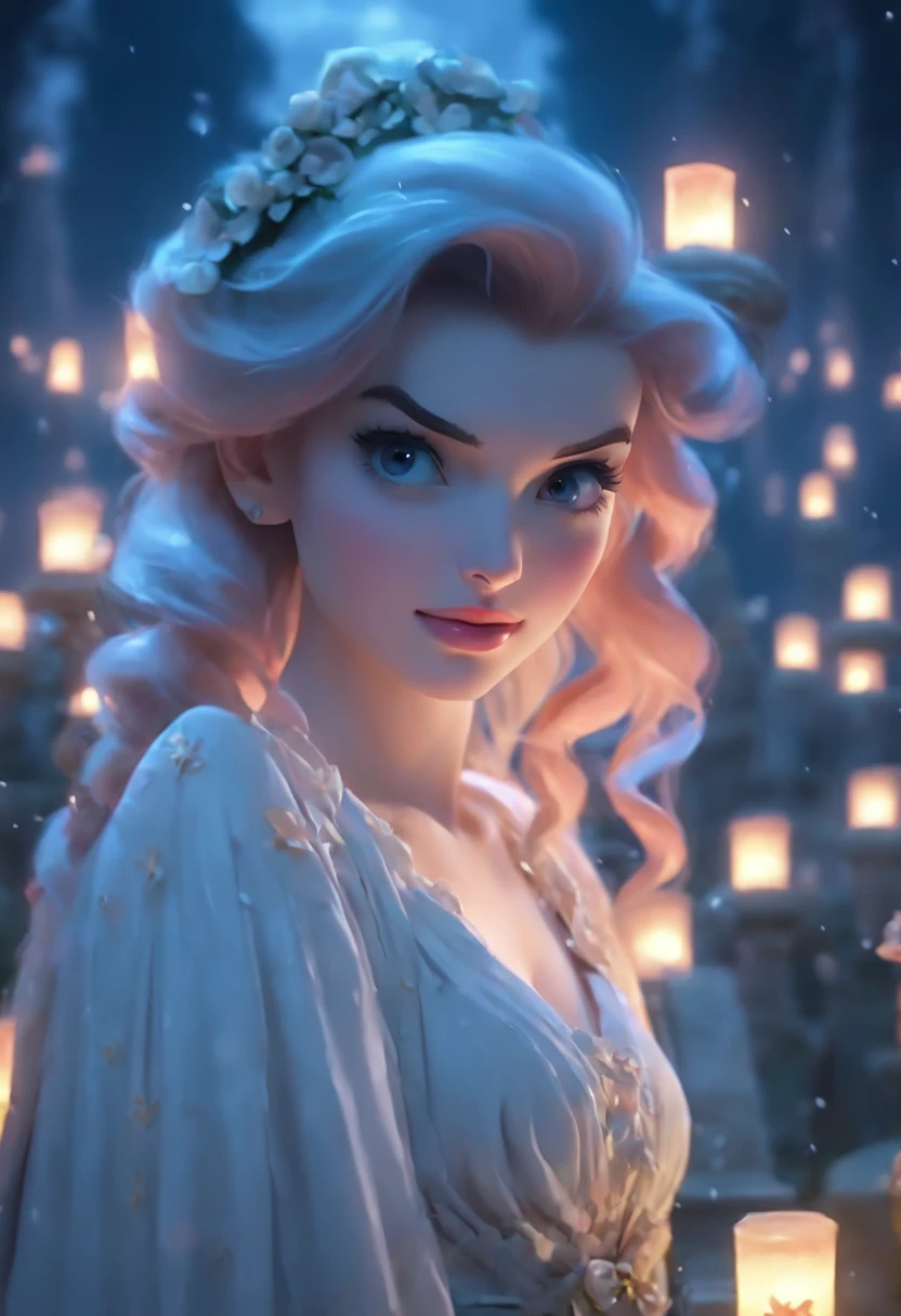 Clip from the Mario Bawa horror movie, Full medium close-up, A gorgeous 18-year-old woman like Bella Thorne, Long red hair, Soft pale skin, Cute and youthful face, defined eyebrows, Light blue eyes, Delicate nose, Plump and rounded lips, Walk in a Gothic cemetery in a white wedding dress at night, Fog and rain conditions, ghostly atmosphere, 1600s, (High skin detail: 1.2), Ultra-detailed, photo-realistic, Depth of field, Cinematic lighting, IMAX cameras, hdr, DTM, Full-HD, 8K