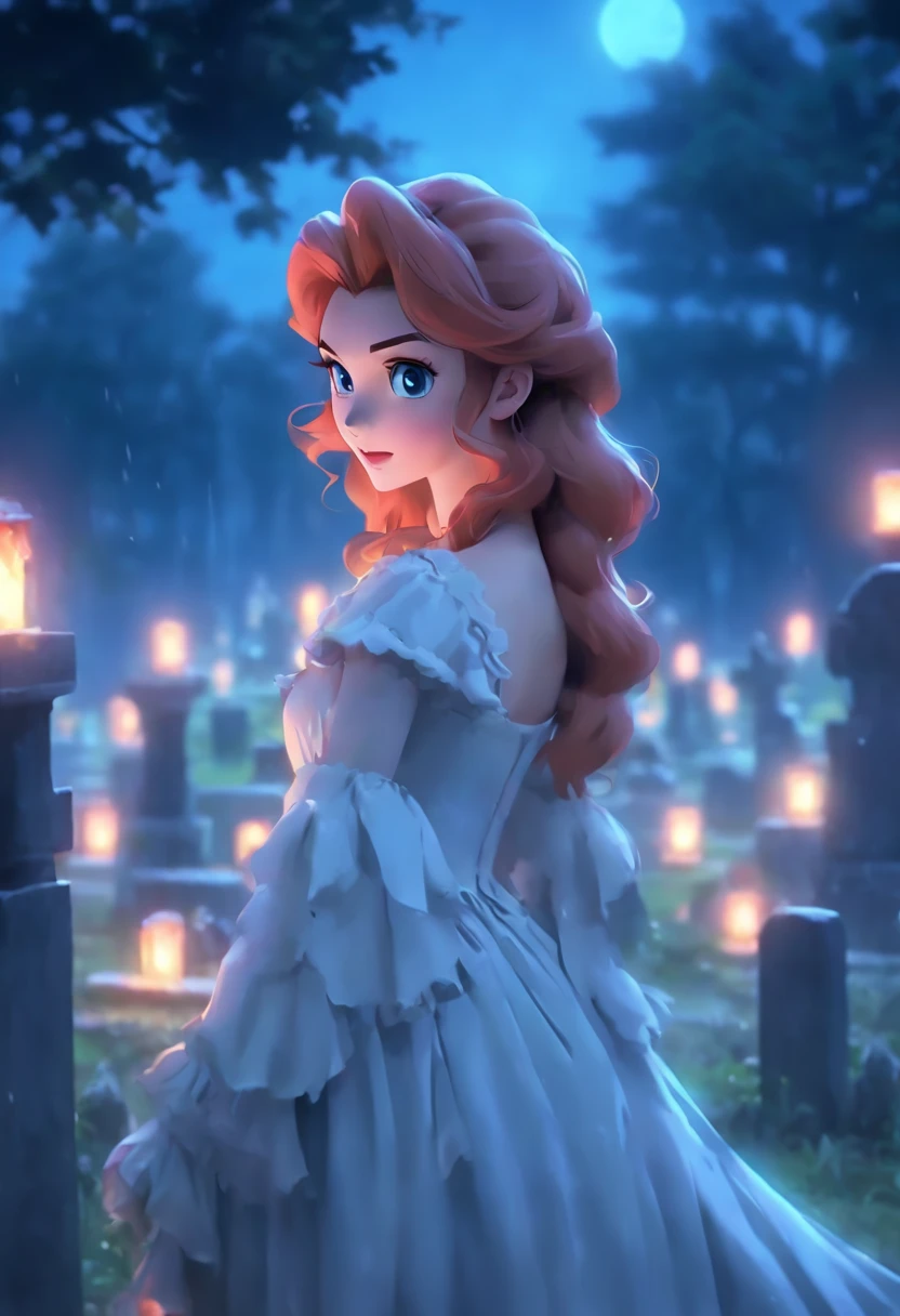 Clip from the Mario Bawa horror movie, Full medium close-up, A gorgeous 18-year-old woman like Bella Thorne, Long red hair, Soft pale skin, Cute and youthful face, defined eyebrows, Light blue eyes, Delicate nose, Plump and rounded lips, Walk in a Gothic cemetery in a white wedding dress at night, Fog and rain conditions, ghostly atmosphere, 1600s, (High skin detail: 1.2), Ultra-detailed, photo-realistic, Depth of field, Cinematic lighting, IMAX cameras, hdr, DTM, Full-HD, 8K