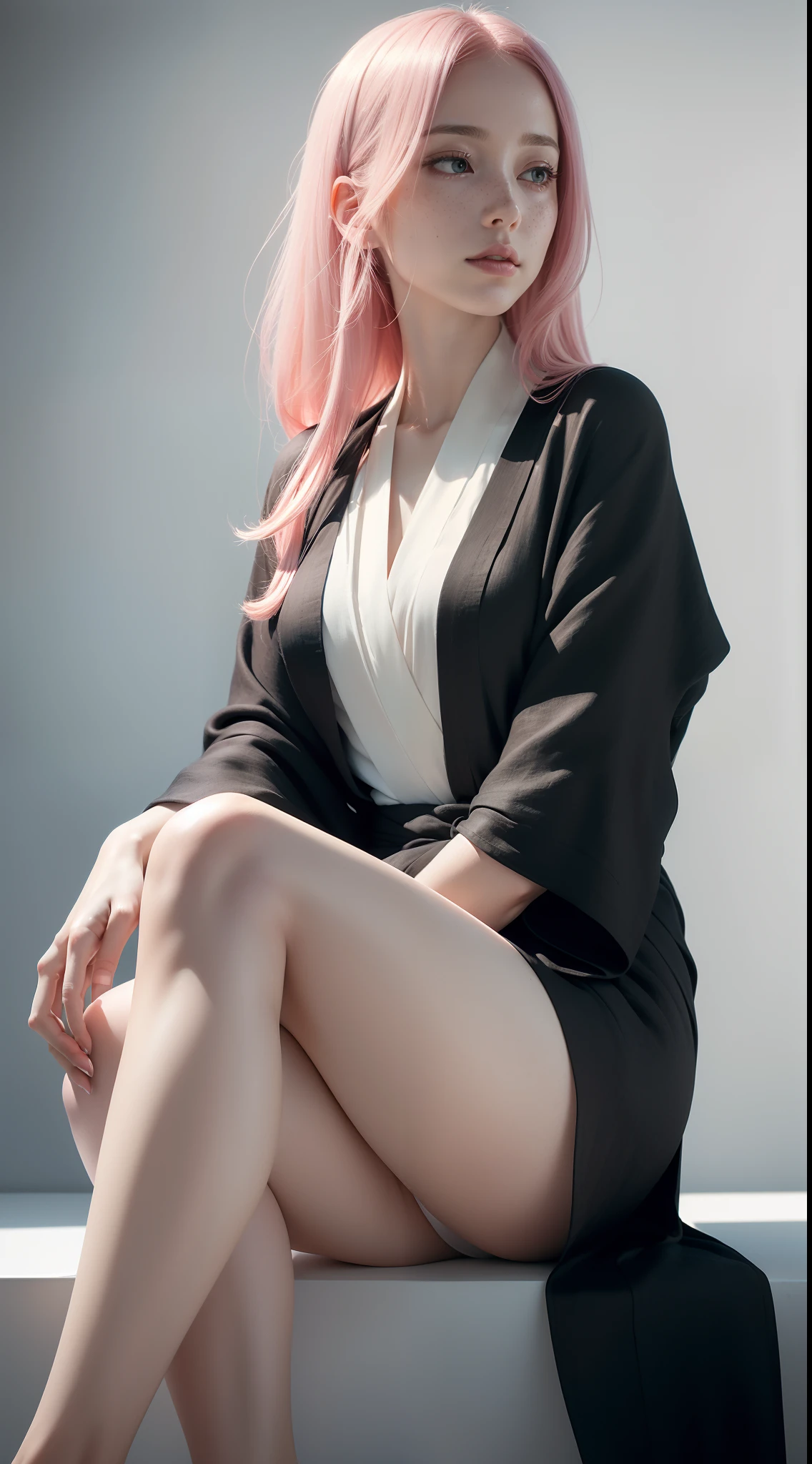 dynamic pose,side view,sitting,crossed legs,1girl,pale skin,pink hair,delicate face,freckles,shy,(black linen kimono:1.3),(wide thigh gap:1.3),(white background),(best quality:1.2,ultra-detailed,realistic:1.37),portrait,soft colors,polished lighting