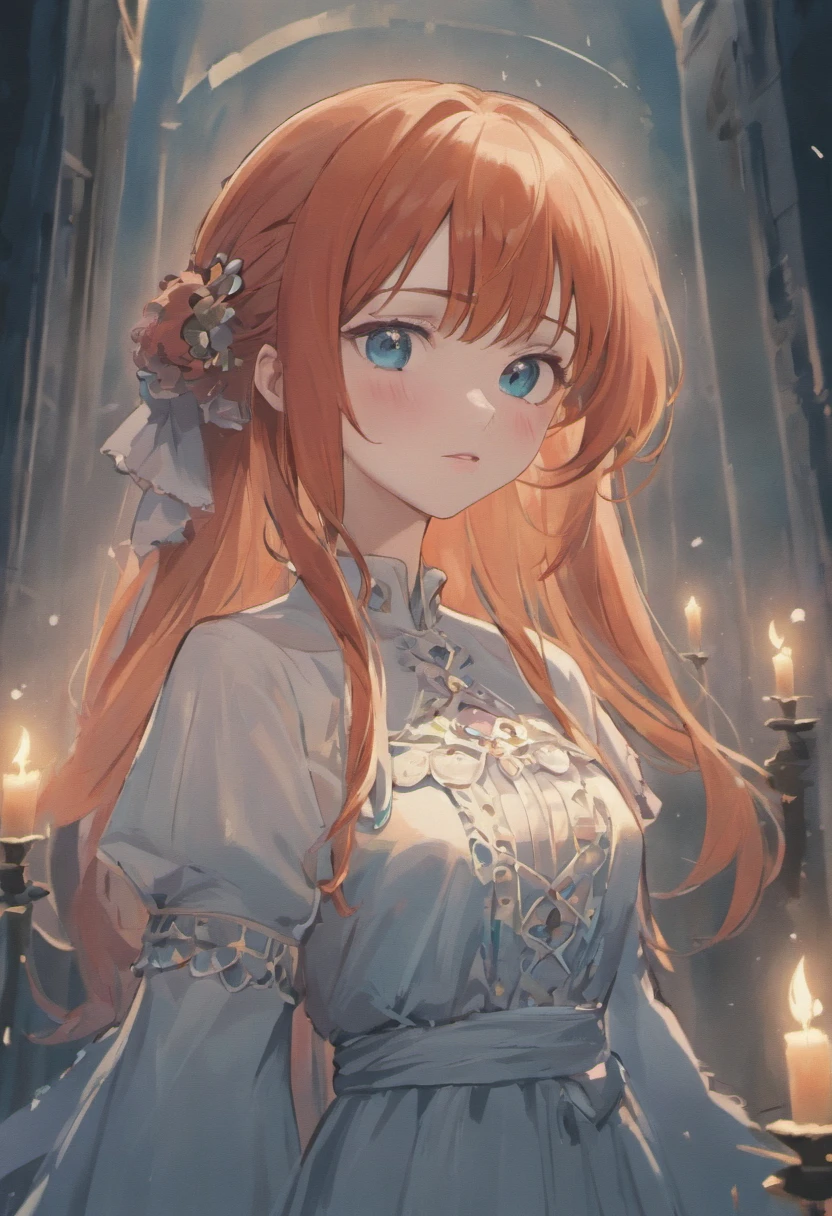 Clip from the Mario Bawa horror movie, Full medium close-up, A gorgeous 18-year-old woman like Bella Thorne, Long red hair, Soft pale skin, Cute and youthful face, defined eyebrows, Light blue eyes, Delicate nose, Plump and rounded lips, Walk in a Gothic cemetery in a white wedding dress at night, Fog and rain conditions, ghostly atmosphere, 1600s, (High skin detail: 1.2), Ultra-detailed, photo-realistic, Depth of field, Cinematic lighting, IMAX cameras, hdr, DTM, Full-HD, 8K
