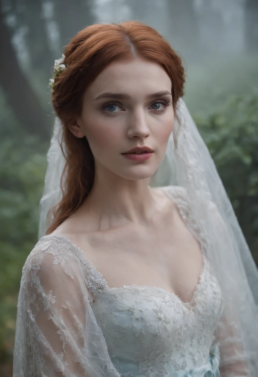 Clip from the Mario Bawa horror movie, Full medium close-up, A gorgeous 18-year-old woman like Bella Thorne, Long red hair, Soft pale skin, Cute and youthful face, defined eyebrows, Light blue eyes, Delicate nose, Plump and rounded lips, Walk in a Gothic cemetery in a white wedding dress at night, Fog and rain conditions, ghostly atmosphere, 1600s, (High skin detail: 1.2), Ultra-detailed, photo-realistic, Depth of field, Cinematic lighting, IMAX cameras, hdr, DTM, Full-HD, 8K