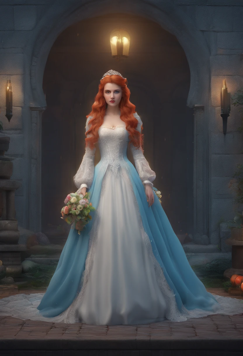 Clip from the Mario Bawa horror movie, Full medium close-up, A gorgeous 18-year-old woman like Bella Thorne, Long red hair, Soft pale skin, Cute and youthful face, defined eyebrows, Light blue eyes, Delicate nose, Plump and rounded lips, Walk in a Gothic cemetery in a white wedding dress at night, Fog and rain conditions, ghostly atmosphere, 1600s, (High skin detail: 1.2), Ultra-detailed, photo-realistic, Depth of field, Cinematic lighting, IMAX cameras, hdr, DTM, Full-HD, 8K