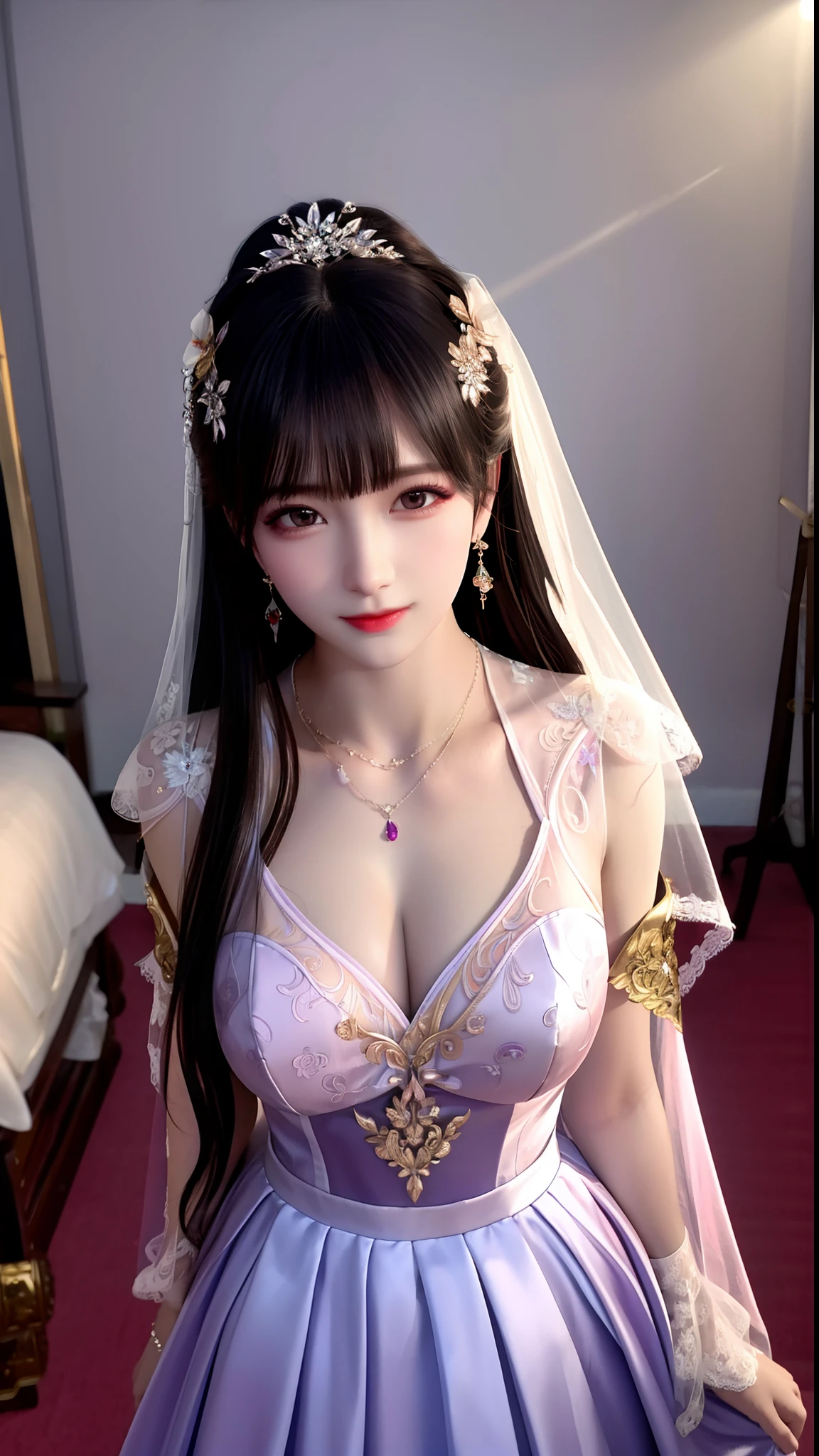 best quality, masterpiece, highres, 1girl, china wedding dress, purple dress highlight, hair ornament, necklace, jewelry, Beautiful face,whole body capture, tyndall effect, photorealistic, dark studio, rim lighting, two tone lighting, (high detailed skin:1.2), 8k uhd, dslr, soft lighting, high quality, volumetric lighting, candid, Photograph, high resolution,