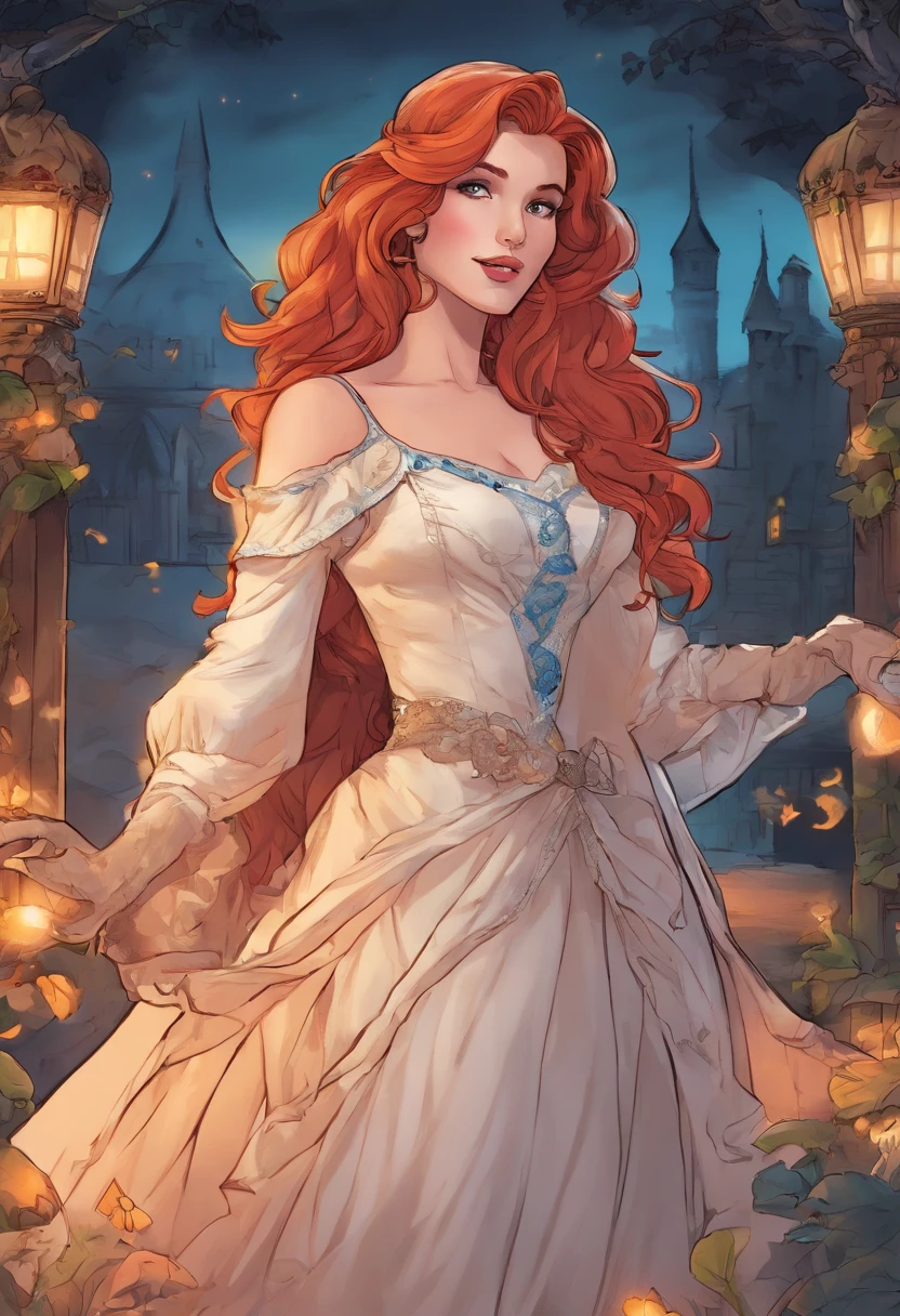 Clip from the Mario Bawa horror movie, Full medium close-up, A gorgeous 18-year-old woman like Bella Thorne, Long red hair, Soft pale skin, Cute and youthful face, defined eyebrows, Light blue eyes, Delicate nose, Plump and rounded lips, Walk in a Gothic cemetery in a white wedding dress at night, Fog and rain conditions, ghostly atmosphere, 1600s, (High skin detail: 1.2), Ultra-detailed, photo-realistic, Depth of field, Cinematic lighting, IMAX cameras, hdr, DTM, Full-HD, 8K
