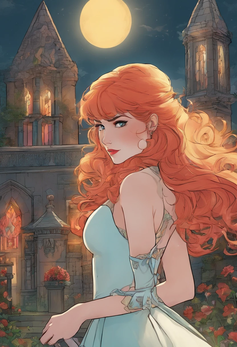 Clip from the Mario Bawa horror movie, Full medium close-up, A gorgeous 18-year-old woman like Bella Thorne, Long red hair, Soft pale skin, Cute and youthful face, defined eyebrows, Light blue eyes, Delicate nose, Plump and rounded lips, Walk in a Gothic cemetery in a white wedding dress at night, Fog and rain conditions, ghostly atmosphere, 1600s, (High skin detail: 1.2), Ultra-detailed, photo-realistic, Depth of field, Cinematic lighting, IMAX cameras, hdr, DTM, Full-HD, 8K