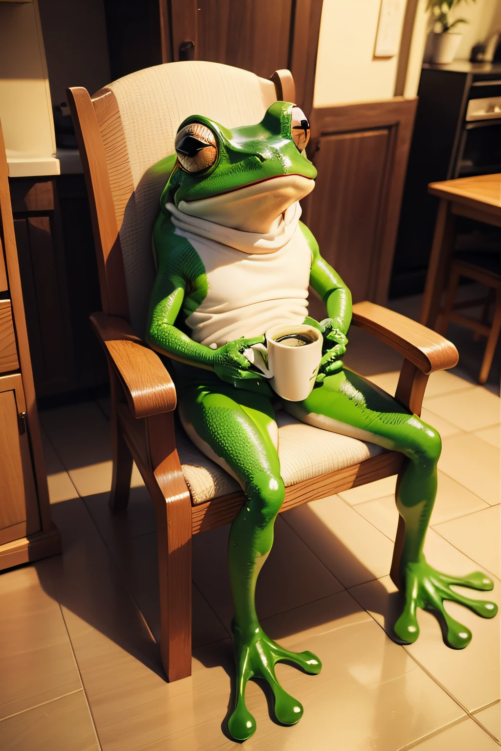 Frog drinking coffee、Dressed、sit a chair