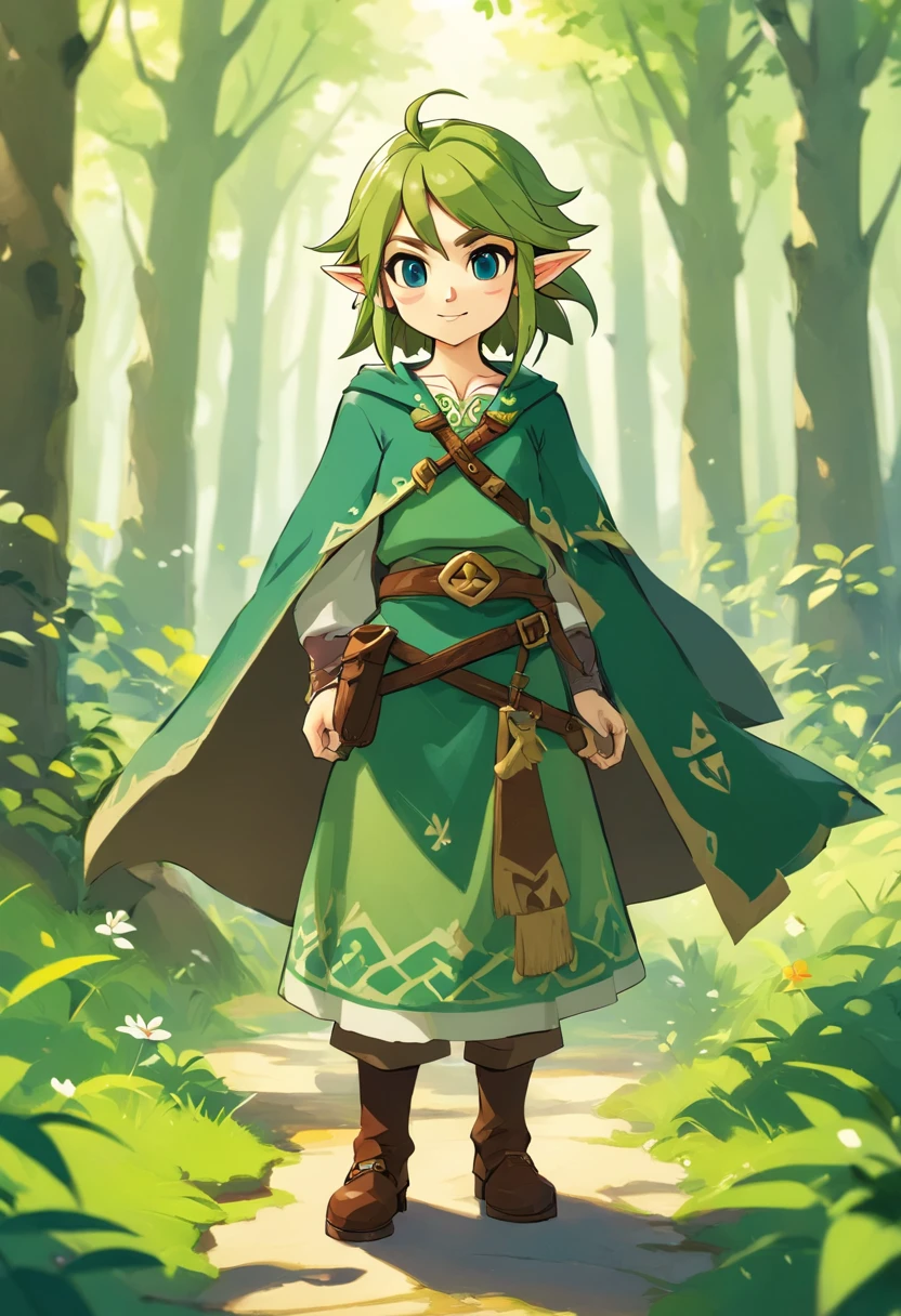 full body, person for the zelda game, the zelda manga, man, zelda character ff, in the style of ian mcque, temmie chang, green stylish vampire costume design, romanticized depictions of wilderness, jean-baptiste monge, science academia, vampire teeth, pointy teeth,