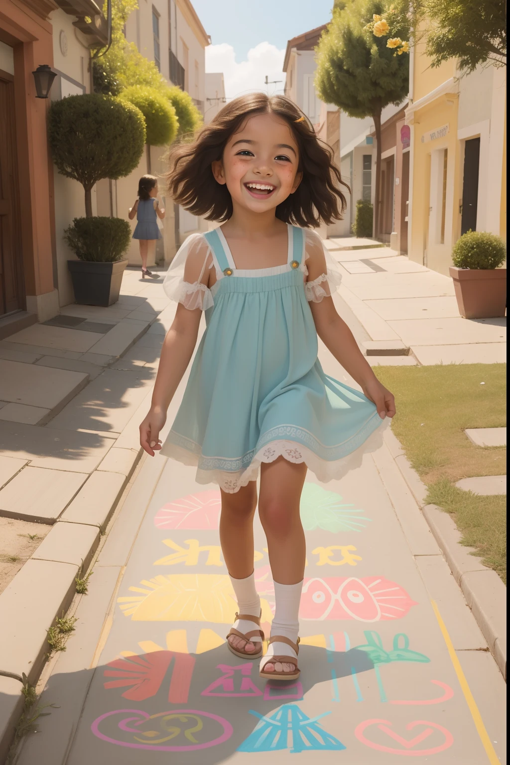 Embrace the Pre-Raphaelite aesthetic to depict the happiness of an 8-year-old suntanned girl with freckles and an infectious giggle, as she joyfully skips through a sunlit, multicultural neighborhood, leaving a trail of colorful chalk drawings on the pavement.