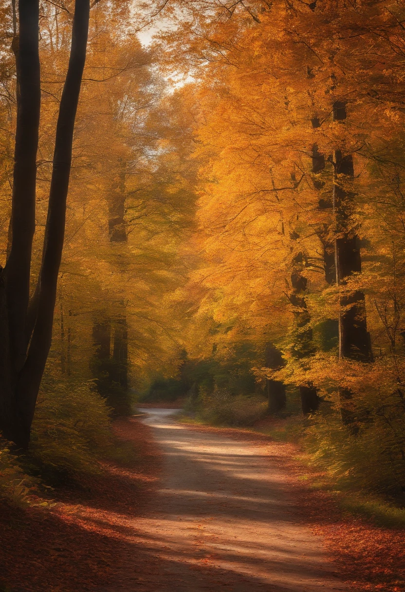 autumn forest，Autumn leaves fall，serenity and calm，Natural portrait，Medium focus lens，at dusk at golden hour，artsy photography，Oil painting effect，Natural light，Late，Catch one，Beautiful picture。