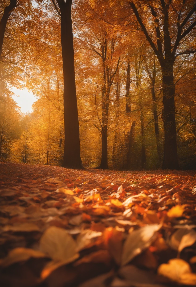 autumn forest,Autumn leaves fall,serenity and calm,Natural portrait,Medium focus lens,at dusk at golden hour,artsy photography,Oil painting effect,Natural light,Late,Catch one,Beautiful picture。