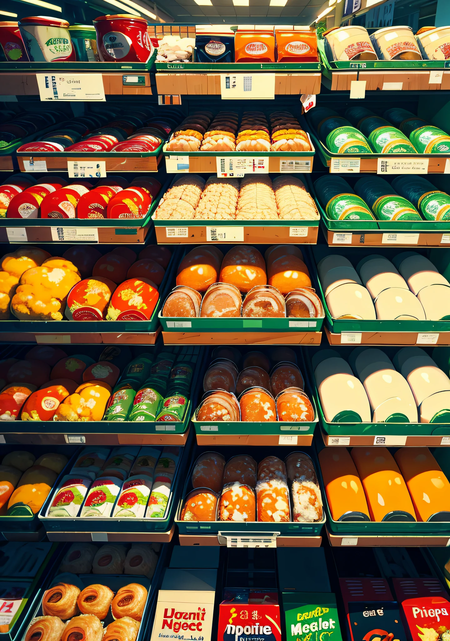 A high resolution,HighestQuali,illustratio,ultra - detailed,Empty supermarket shelves,Rice, flour, grain and oil,Self-heating food,Quick-frozen cans,At the bottom of the shelf is an empty shopping cart,Front shelf,Positive perspective,Empty shelves,Sold out supermarket,Supermarket interior,Dark and pitch-black environment,Dark supermarket environment,deep in the night,It was dark all around