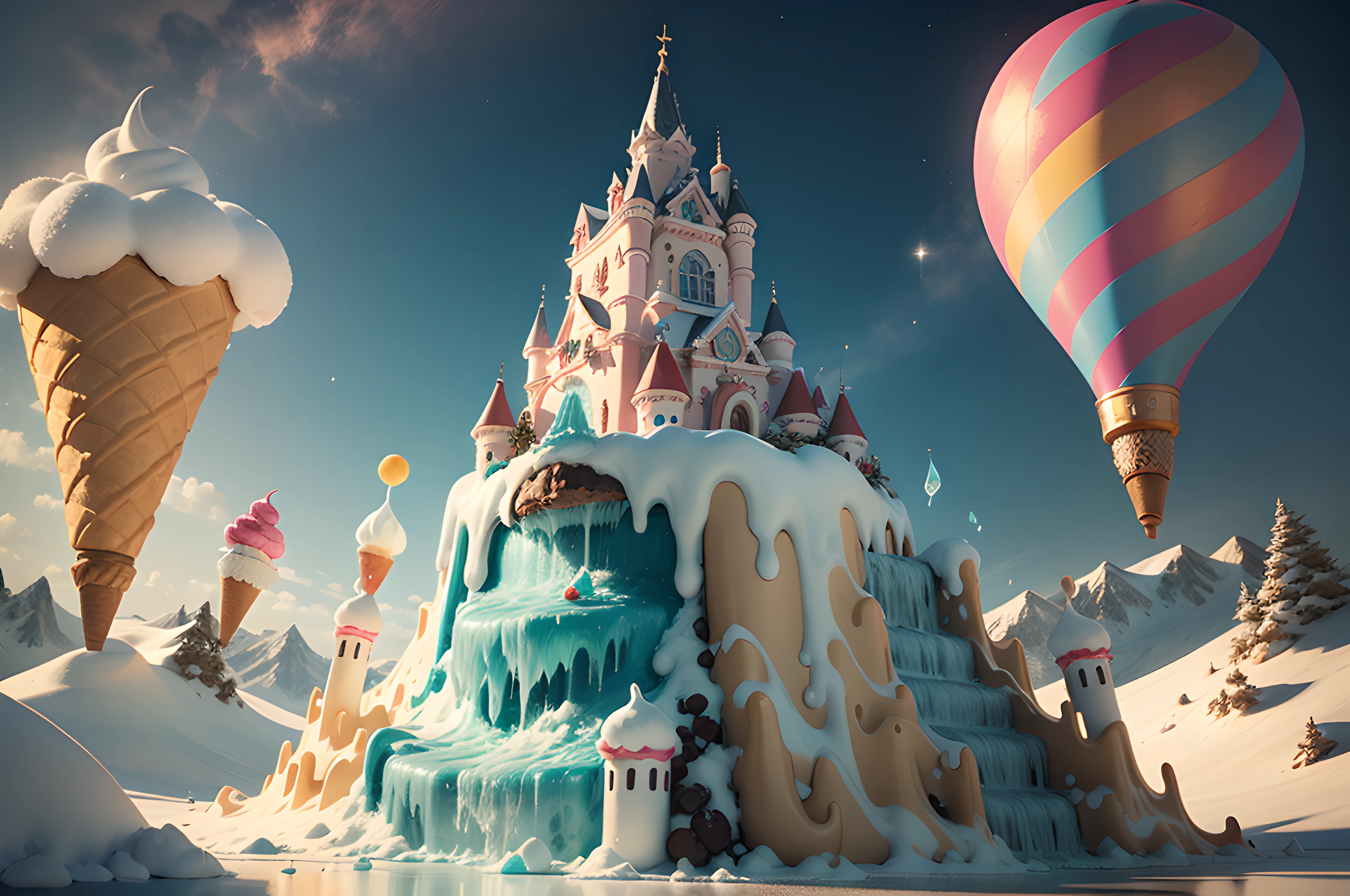 (8k masterpiece, best quality:1.2) Imagine a mesmerizing ice cream fantasy beyond imagination. In this vivid and dreamlike world, every detail is a masterpiece. The landscape is a whimsical candy wonderland, with towering ice cream mountains, rivers of chocolate, and forests made of candy cane trees. The sky is a swirl of cotton candy clouds, and the sun is a radiant scoop of golden vanilla.
At the heart of this fantastical world stands an awe-inspiring ice cream castle, reaching toward the sky. The castle is constructed entirely from shimmering, crystal-clear sugar glass, adorned with intricate spun sugar decorations that catch the light like precious gems. The grand entrance is a colossal ice cream cone, and the drawbridge is made of gummy bears.
The inhabitants of this world are delightful ice cream creatures, each with its own unique flavor and personality. There are chocolate chip cookie dough squirrels, strawberry swirl songbirds, and mint chocolate chip butterflies. They flutter and frolic among the candy flora. A frozen waterfall of rainbow sherbet cascades down one of the ice cream mountains, creating a dazzling display of colors. The waterfall is so cold that it freezes the air around it, forming a shimmering mist of sugar snowflakes. The air is filled with the intoxicating aromas of freshly baked waffle cones, warm chocolate chip cookies, and the sweet scent of caramelized sugar. These scents mingle and create an irresistible olfactory symphony. Visitors to this enchanting world are children of all ages, their faces lit up with pure delight as they indulge in the endless array of ice cream and confections. They ride on candy cane roller coasters and float in root beer float hot air balloons. The scene is bathed in a warm, golden light, enhancing the richness of the ice cream and the brilliance of the candy colors. The colors should be so  vibrant that they seem almost surreal, like a vivid dream.(ray tracing:1.2), (quixel megascan:1.2), (3d work:1.2),