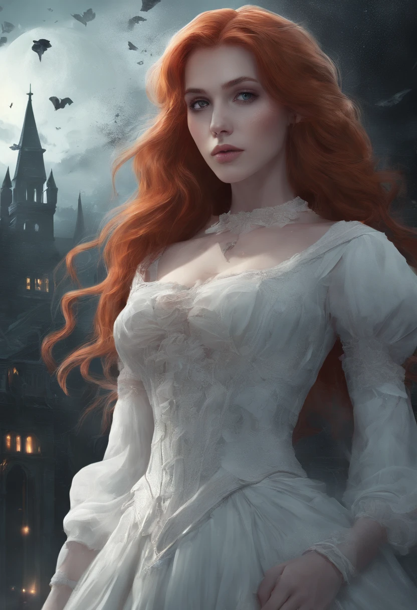Clip from the Mario Bawa horror movie, Full medium close-up, A gorgeous 18-year-old woman like Bella Thorne, Long red hair, Soft pale skin, Cute and youthful face, defined eyebrows, Light blue eyes, Delicate nose, Plump and rounded lips, Walk in a Gothic cemetery in a white wedding dress at night, Fog and rain conditions, ghostly atmosphere, 1600s, (High skin detail: 1.2), Ultra-detailed, photo-realistic, Depth of field, Cinematic lighting, IMAX cameras, hdr, DTM, Full-HD, 8K