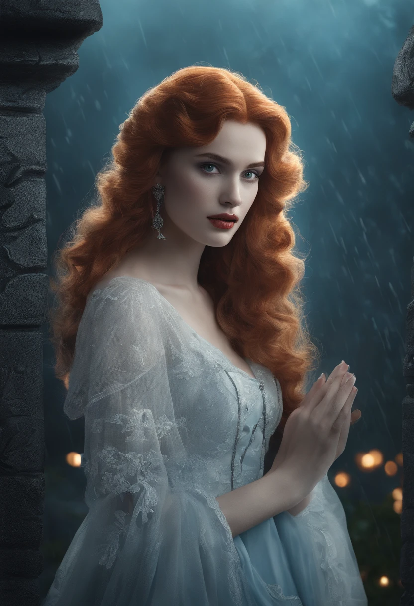 Clip from the Mario Bawa horror movie, Full medium close-up, A gorgeous 18-year-old woman like Bella Thorne, Long red hair, Soft pale skin, Cute and youthful face, defined eyebrows, Light blue eyes, Delicate nose, Plump and rounded lips, Walk in a Gothic cemetery in a white wedding dress at night, Fog and rain conditions, ghostly atmosphere, 1600s, (High skin detail: 1.2), Ultra-detailed, photo-realistic, Depth of field, Cinematic lighting, IMAX cameras, hdr, DTM, Full-HD, 8K