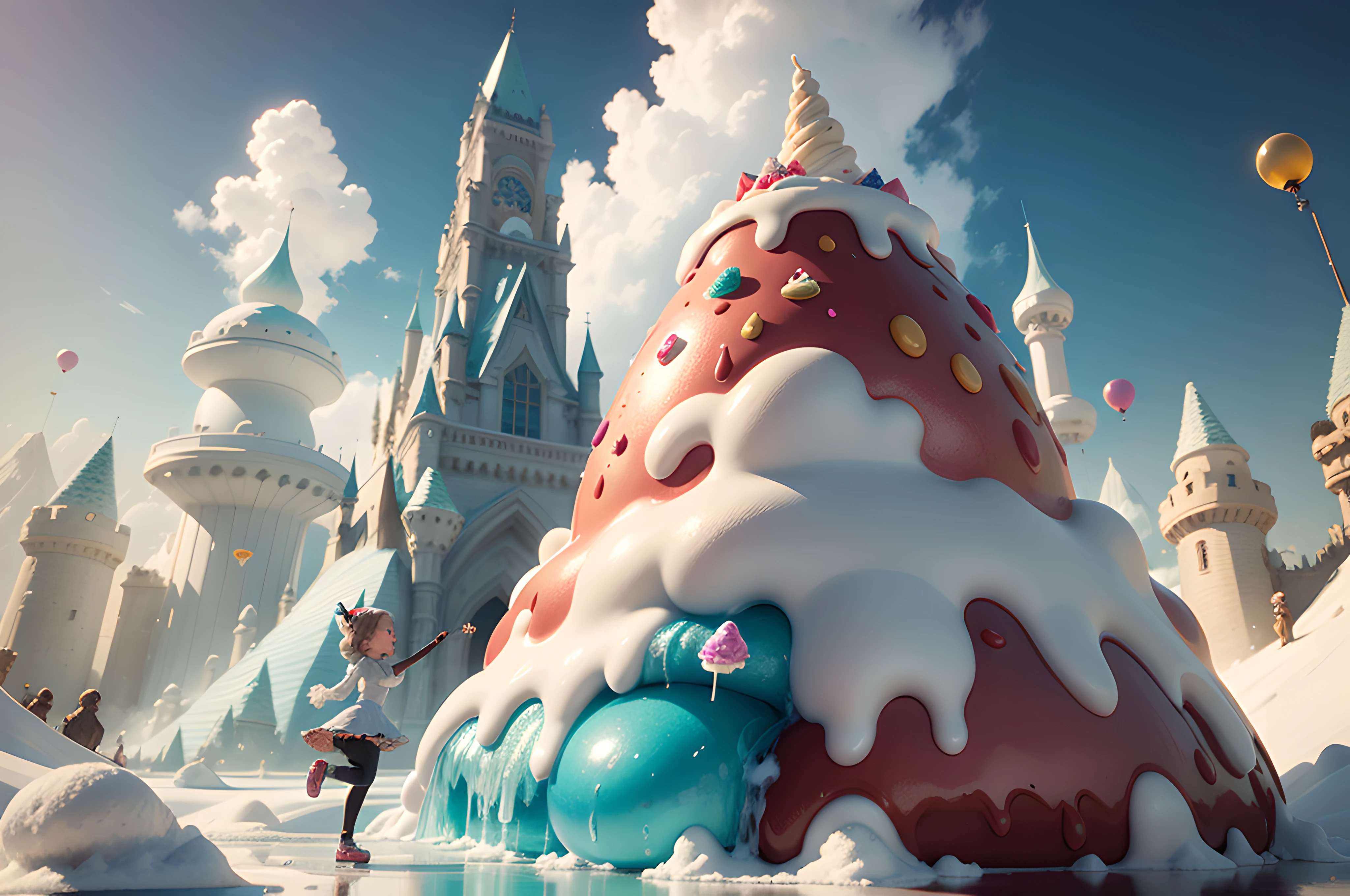 (8k masterpiece, best quality:1.2) Imagine a mesmerizing ice cream fantasy beyond imagination. In this vivid and dreamlike world, every detail is a masterpiece. The landscape is a whimsical candy wonderland, with towering ice cream mountains, rivers of chocolate, and forests made of candy cane trees. The sky is a swirl of cotton candy clouds, and the sun is a radiant scoop of golden vanilla.
At the heart of this fantastical world stands an awe-inspiring ice cream castle, reaching toward the sky. The castle is constructed entirely from shimmering, crystal-clear sugar glass, adorned with intricate spun sugar decorations that catch the light like precious gems. The grand entrance is a colossal ice cream cone, and the drawbridge is made of gummy bears.
The inhabitants of this world are delightful ice cream creatures, each with its own unique flavor and personality. There are chocolate chip cookie dough squirrels, strawberry swirl songbirds, and mint chocolate chip butterflies. They flutter and frolic among the candy flora. A frozen waterfall of rainbow sherbet cascades down one of the ice cream mountains, creating a dazzling display of colors. The waterfall is so cold that it freezes the air around it, forming a shimmering mist of sugar snowflakes. The air is filled with the intoxicating aromas of freshly baked waffle cones, warm chocolate chip cookies, and the sweet scent of caramelized sugar. These scents mingle and create an irresistible olfactory symphony. Visitors to this enchanting world are children of all ages, their faces lit up with pure delight as they indulge in the endless array of ice cream and confections. They ride on candy cane roller coasters and float in root beer float hot air balloons. The scene is bathed in a warm, golden light, enhancing the richness of the ice cream and the brilliance of the candy colors. The colors should be so  vibrant that they seem almost surreal, like a vivid dream.(ray tracing:1.2), (quixel megascan:1.2), (3d work:1.2),