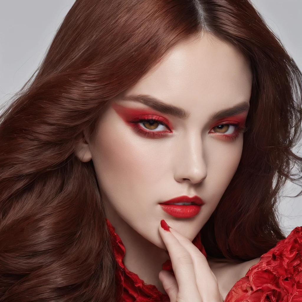 Red clothes, Brown eyes, Brown long hair, a beautiful women