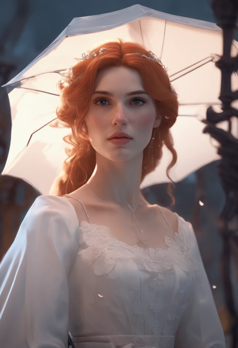Clip from the Mario Bawa horror movie, Full medium close-up, A gorgeous 18-year-old woman like Bella Thorne, Long red hair, Soft pale skin, Cute and youthful face, defined eyebrows, Light blue eyes, Delicate nose, Plump and rounded lips, Walk in a Gothic cemetery in a white wedding dress at night, Fog and rain conditions, ghostly atmosphere, 1600s, (High skin detail: 1.2), Ultra-detailed, photo-realistic, Depth of field, Cinematic lighting, IMAX cameras, hdr, DTM, Full-HD, 8K