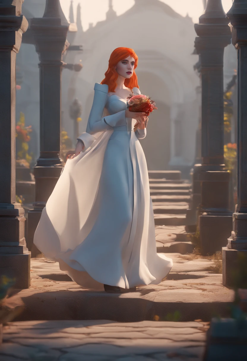 Clip from the Mario Bawa horror movie, Full medium close-up, A gorgeous 18-year-old woman like Bella Thorne, Long red hair, Soft pale skin, Cute and youthful face, defined eyebrows, Light blue eyes, Delicate nose, Plump and rounded lips, Walk in a Gothic cemetery in a white wedding dress at night, Fog and rain conditions, ghostly atmosphere, 1600s, (High skin detail: 1.2), Ultra-detailed, photo-realistic, Depth of field, Cinematic lighting, IMAX cameras, hdr, DTM, Full-HD, 8K