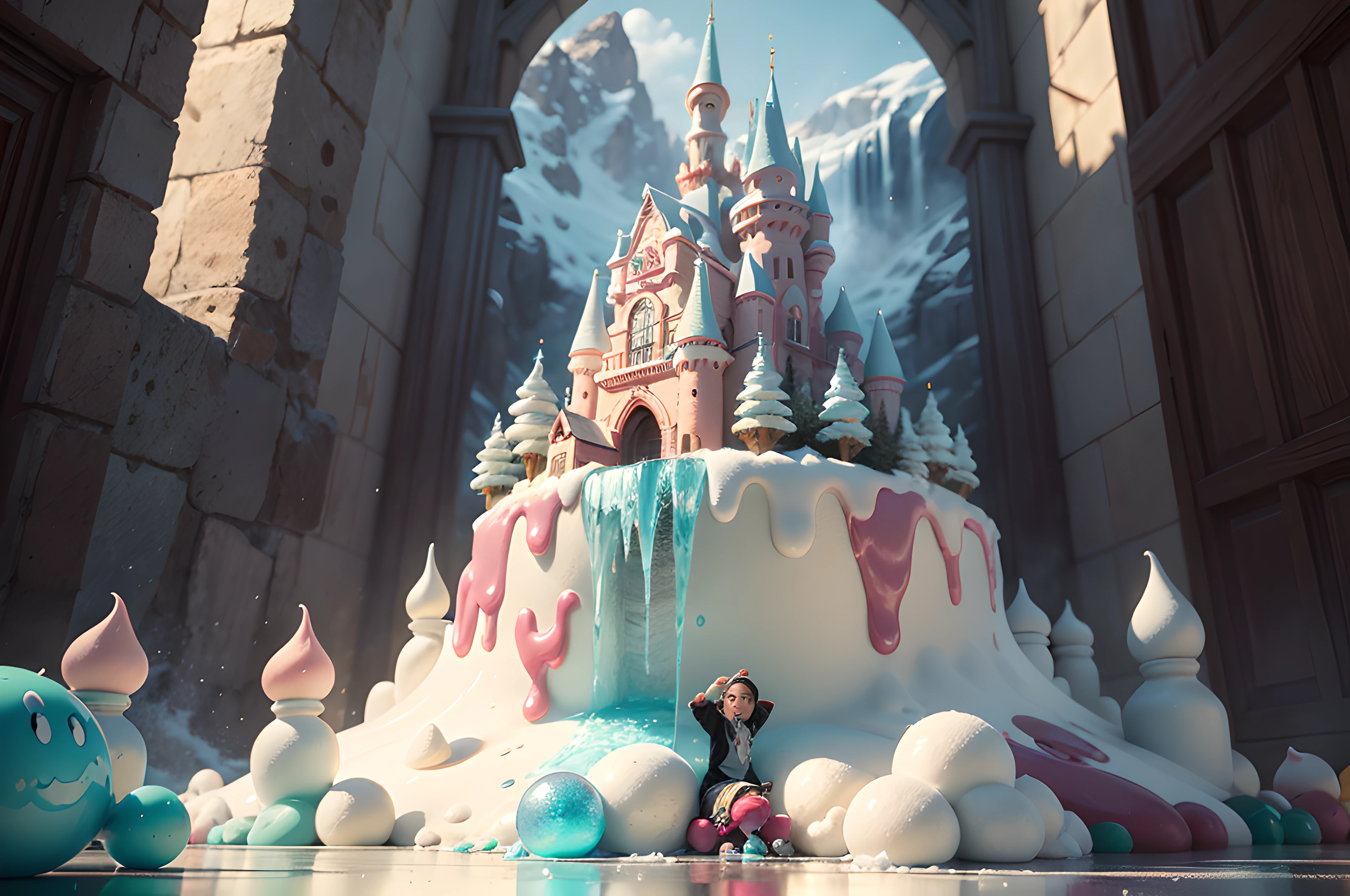 (8k masterpiece, best quality:1.2) Imagine a mesmerizing ice cream fantasy beyond imagination. In this vivid and dreamlike world, every detail is a masterpiece. The landscape is a whimsical candy wonderland, with towering ice cream mountains, rivers of chocolate, and forests made of candy cane trees. The sky is a swirl of cotton candy clouds, and the sun is a radiant scoop of golden vanilla.
At the heart of this fantastical world stands an awe-inspiring ice cream castle, reaching toward the sky. The castle is constructed entirely from shimmering, crystal-clear sugar glass, adorned with intricate spun sugar decorations that catch the light like precious gems. The grand entrance is a colossal ice cream cone, and the drawbridge is made of gummy bears.
The inhabitants of this world are delightful ice cream creatures, each with its own unique flavor and personality. There are chocolate chip cookie dough squirrels, strawberry swirl songbirds, and mint chocolate chip butterflies. They flutter and frolic among the candy flora. A frozen waterfall of rainbow sherbet cascades down one of the ice cream mountains, creating a dazzling display of colors. The waterfall is so cold that it freezes the air around it, forming a shimmering mist of sugar snowflakes. The air is filled with the intoxicating aromas of freshly baked waffle cones, warm chocolate chip cookies, and the sweet scent of caramelized sugar. These scents mingle and create an irresistible olfactory symphony. Visitors to this enchanting world are children of all ages, their faces lit up with pure delight as they indulge in the endless array of ice cream and confections. They ride on candy cane roller coasters and float in root beer float hot air balloons. The scene is bathed in a warm, golden light, enhancing the richness of the ice cream and the brilliance of the candy colors. The colors should be so vibrant that they seem almost surreal, like a vivid dream.(ray tracing:1.2), (quixel megascan:1.2), (3d work:1.2),