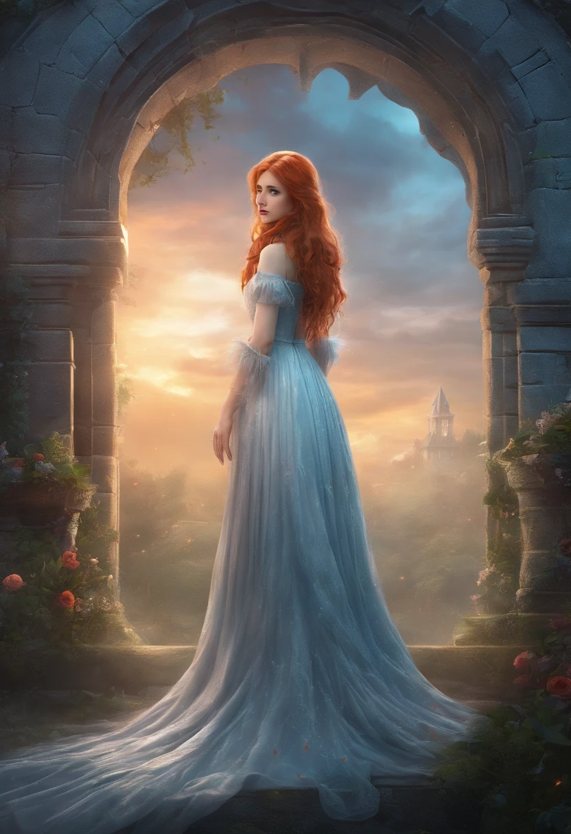 Clip from the Mario Bawa horror movie, Full medium close-up, A gorgeous 18-year-old woman like Bella Thorne, Long red hair, Soft pale skin, Cute and youthful face, defined eyebrows, Light blue eyes, Delicate nose, Plump and rounded lips, Walk in a Gothic cemetery in a white wedding dress at night, Fog and rain conditions, ghostly atmosphere, 1600s, (High skin detail: 1.2), Ultra-detailed, photo-realistic, Depth of field, Cinematic lighting, IMAX cameras, hdr, DTM, Full-HD, 8K