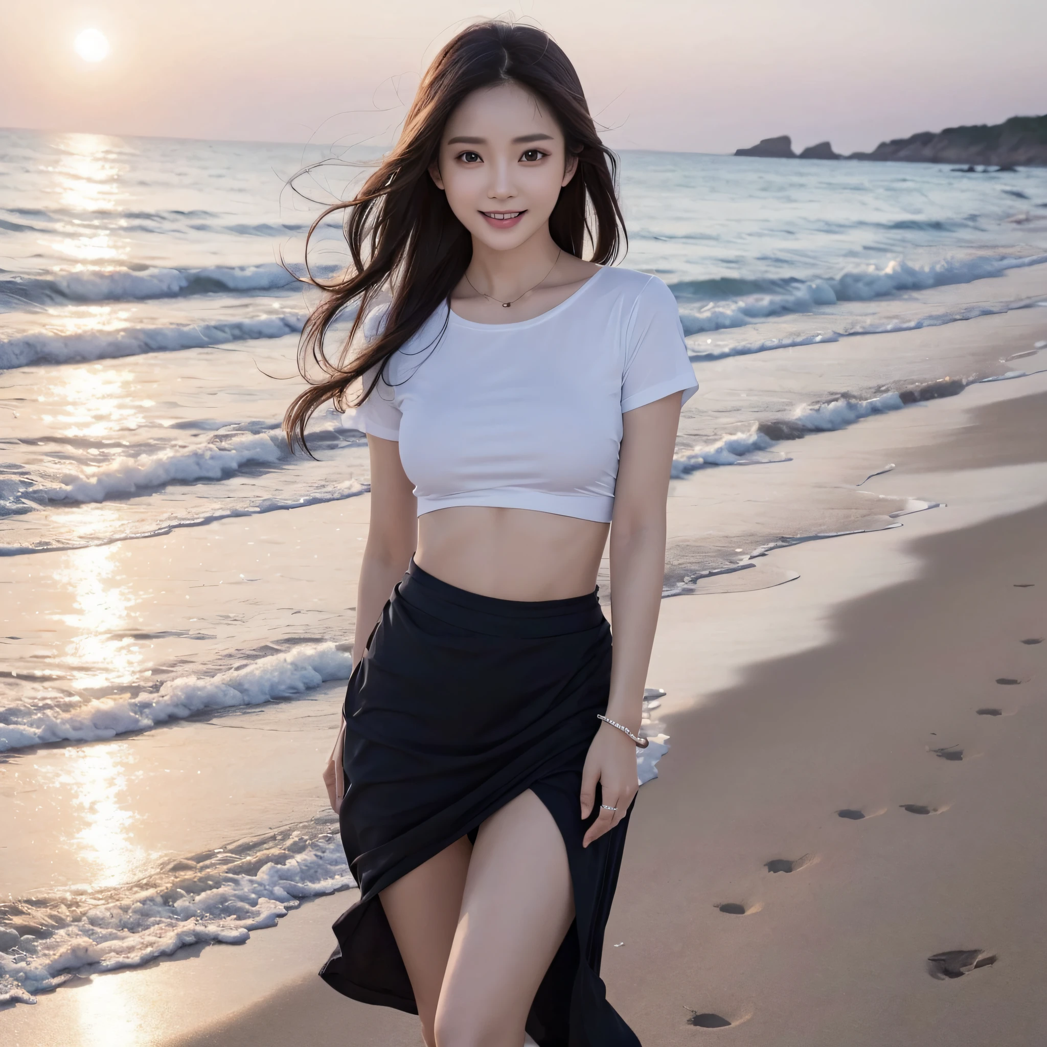 One lady、((best qualtiy、8k masterpieces:1.3))、foco nítido:1.2、(ultra beautiful faces:1.0)、(shinny skin:1.0)、photos realistic、A dark-haired、Video Lighting、High-definition eyes and face、Video Lighting、(Korean Cute Actress)、from the front side、medium breasts、Smile、Slender Abs Beauty、Whole body、wearing t-shirts、On the beach at night