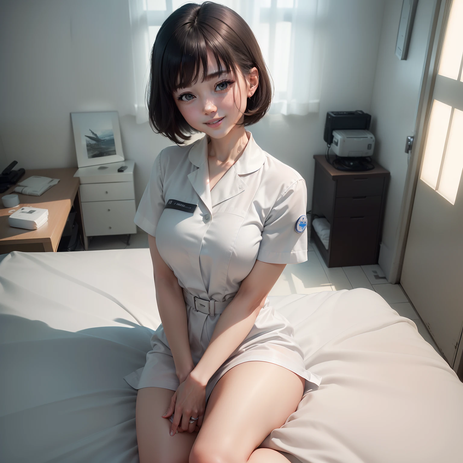 (8K、raw、proffesional、top-quality、masterpiece:1.2)、(realisitic、Photorealsitic:1.37)、The ultra-detailliert、(portlate)、(Highest Detail Skin:1.2)、(Highest Detail Face:1.2)、cinematlic lighting、1girll、Pure white nurse clothes、Hospital room、Smiling smile、bob cuts