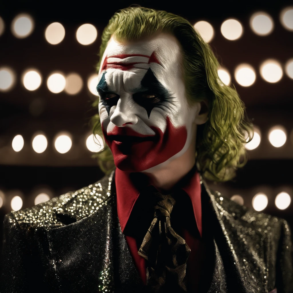 the joker in a dark room, glitters and sparkles, black and scarlet, rpg style, in background chip, photo, professional movie, professional picture, ultra detailed, ultra realistic, cinematic, sharp focus