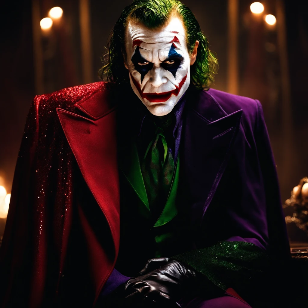 the joker in a dark room, glitters and sparkles, black and scarlet, rpg style, in background chip, photo, professional movie, professional picture, ultra detailed, ultra realistic, cinematic, sharp focus