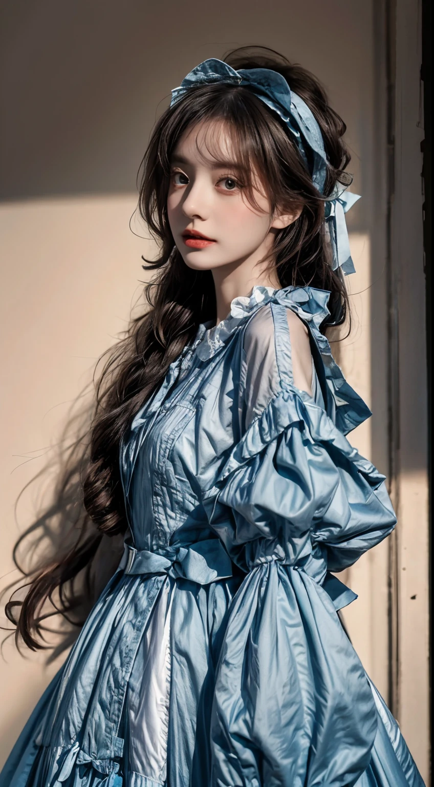 Woman in Lolita fluffy dress,Artistic photo style,Color contrast is outstanding,background detail,half-body photo,Third Person View,Trendy clothing,fashion illustration,Lace headband,Kawaii costume , Clothing details,Light and shadow in detail,tmasterpiece,best qualtiy,super detailing,Works of masters