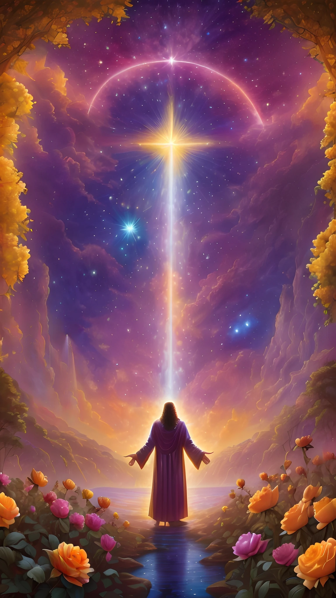 a painting of jesus standing in a garden with flowers and a cross, holy sacred light rays, cosmic enlightenment, spiritual light, holy rays of spiritual light, glowing god rays, spiritual enlightenment, ascended, background artwork, glowing holy aura, light of god, heavenly light, les edwards poster art, ascension, astral travel, reaching towards the heavens, divine light