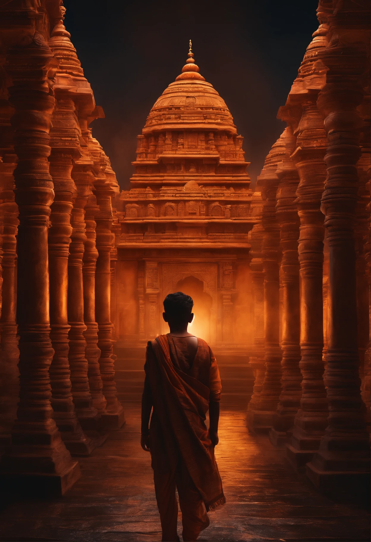 Boy looking ram mandir hyper realistic dark colour background