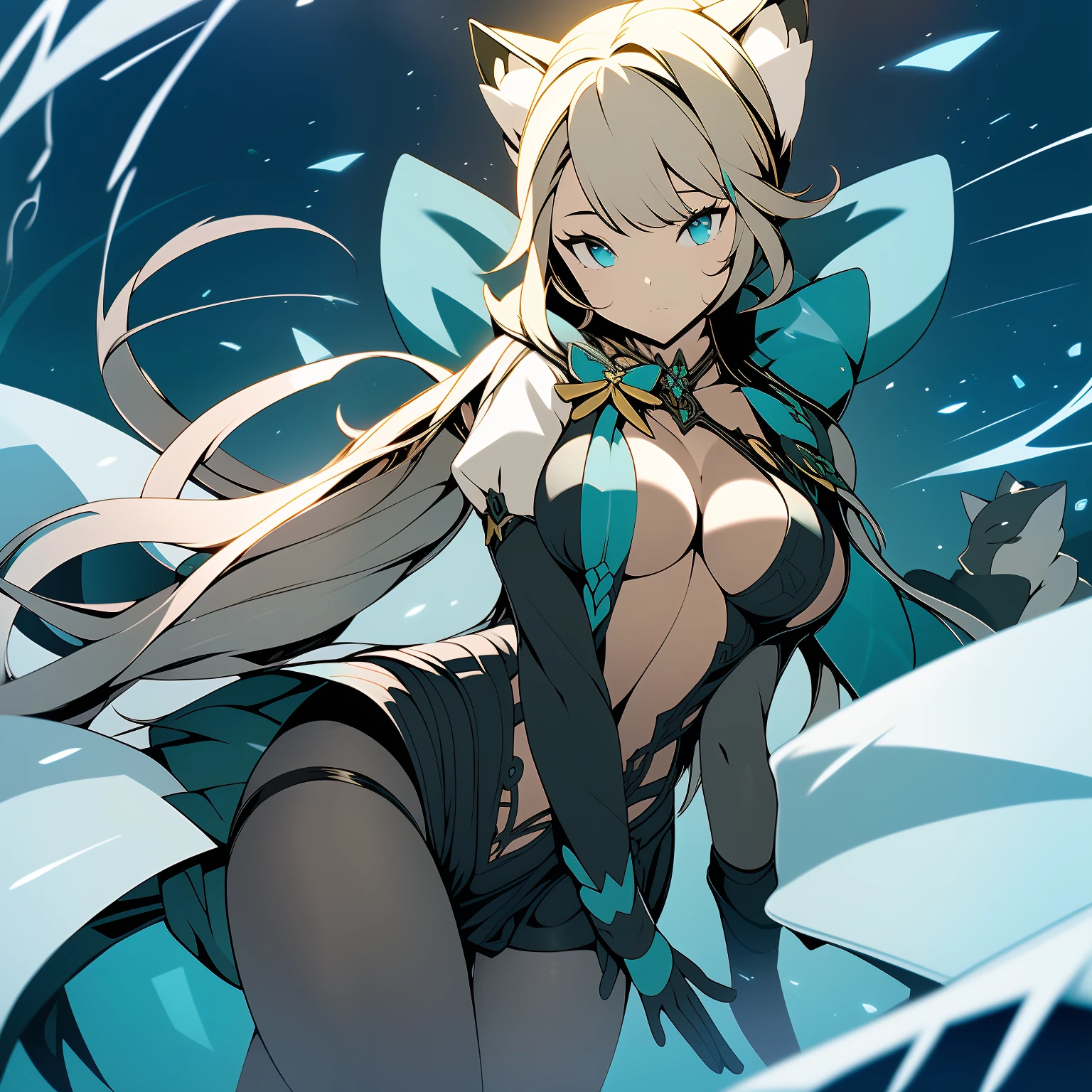 (masterpiece),( lynette "Genshin_Impact" ) best quality, expressive eyes, perfect face, 1girl, (( catgirl )) (solo) big breast, H-cup, good breast, beautiful, gorgeous ,large breast, laying down, medium shot, indoors, bed, cleveage, white sleeves, Turquoise bow, lynette "Genshin_Impact"