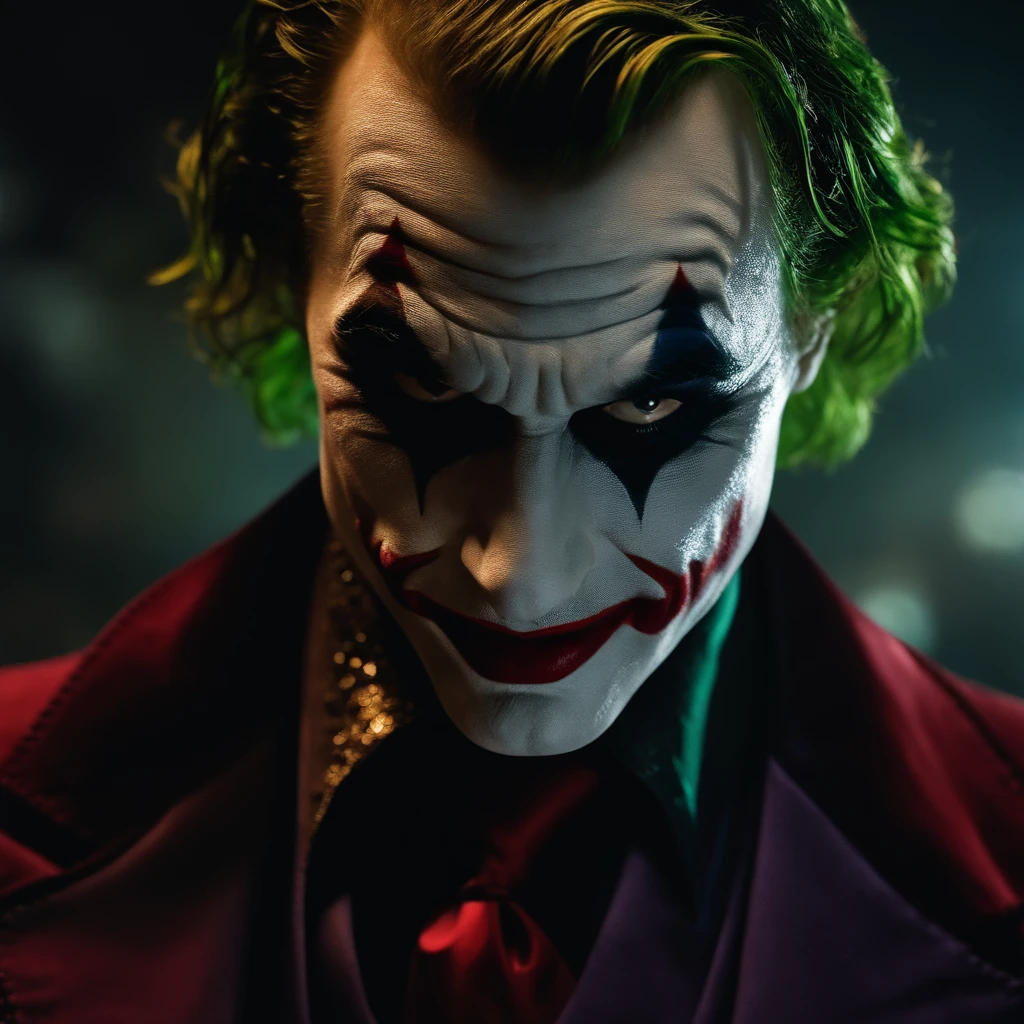 the joker in a dark room, glitters and sparkles, black and scarlet, rpg style, in background chip, photo, professional movie, professional picture, ultra detailed, ultra realistic, cinematic, sharp focus