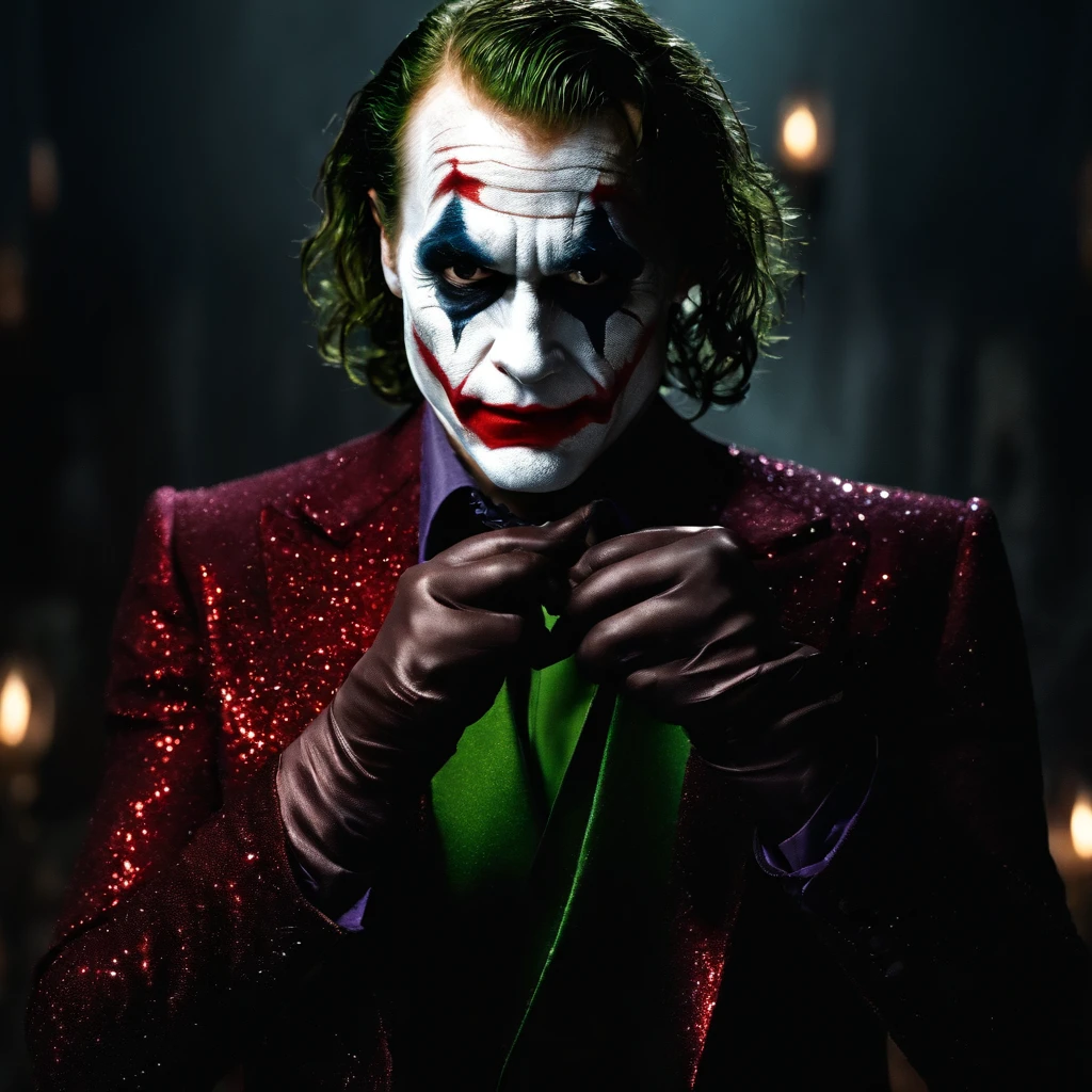 cinematic portrait image with zoom on the face and neck of the Joker with devil horn looking in love at Harley Quinn in angel outfit and Harley Quinn angel with wings and halo in the sky with hair .Harley Quinn is wearing a light white dress and has blue eyes..