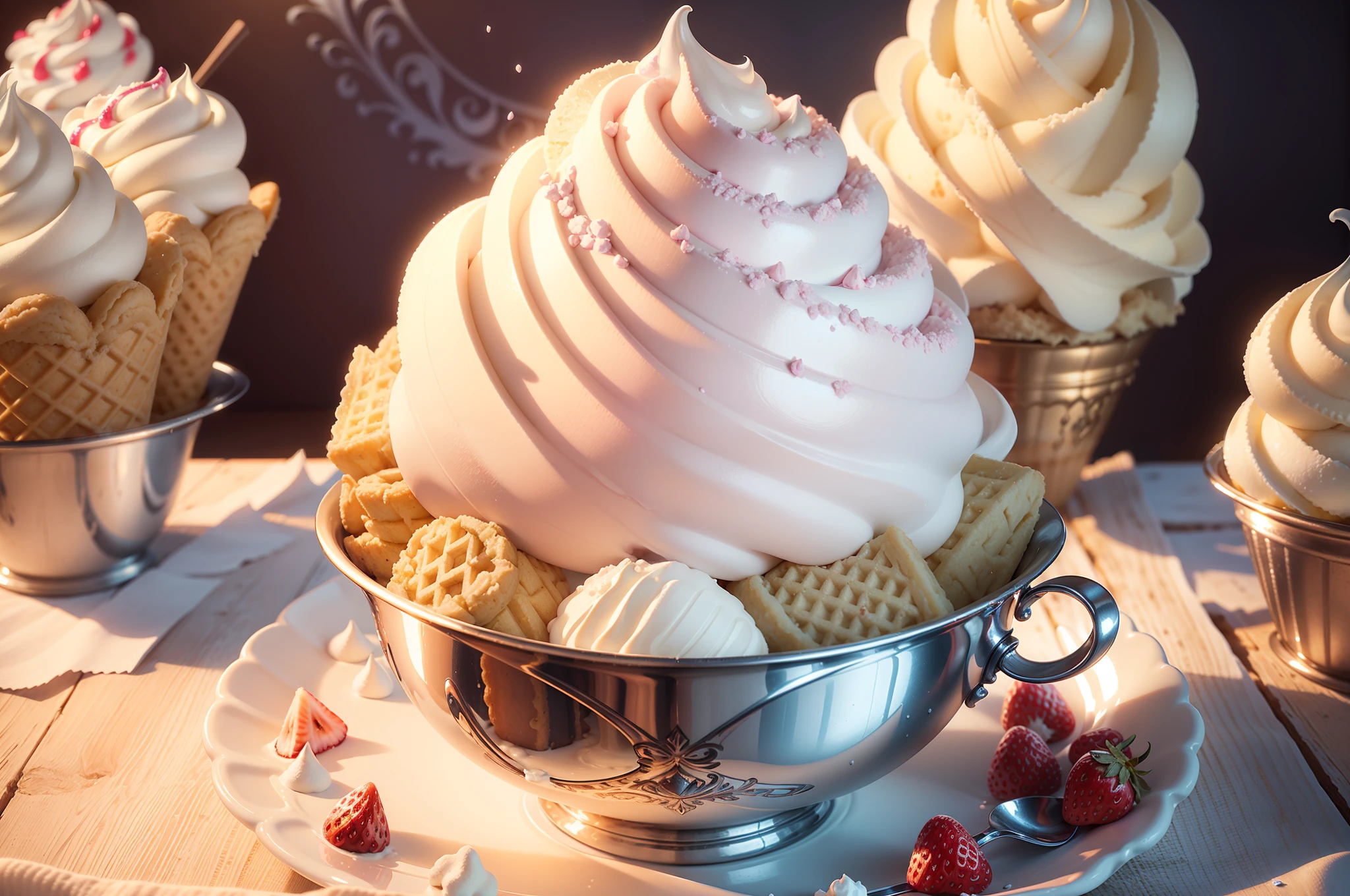 best quality, high resolution, ultra detailed, realistic, portrait, fantasy ice cream shop,( Ice Cream Fantasy: 1.45) dreamy colors, magical lighting, delicious toppings, creative flavors, kids enjoying, whimsical decorations, fun atmosphere, sweet scent, nostalgic melodies, melting in happiness, animated conversations, happiness overload, scoops of joy, tempting ice cream display, icy delights, creamy textures, delicate swirls, frothy sprinkles, silver spoon, sugar cones, endless choices, pastel colors, fluffy marshmallows, chocolate chips, kisses strawberry, caramel fantasies, crispy waffle bowl, cookie dough chunks, delicious whipped cream, refreshing sorbet, split bananas