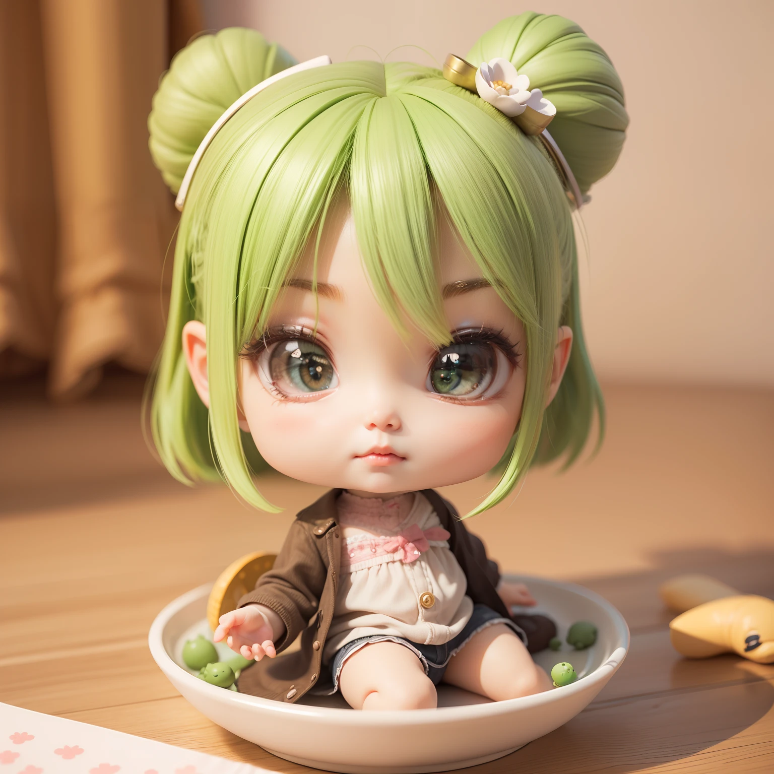 a little girl and a little boy sit on (a triangular green rice dumpling), Chinese style clothes,chinese cuisine illustration for books, in the style of cute and dreamy, light orange and white, environmental portraiture, dreamy realism, holotone printing, emerald and amber, heavy shading --auto --s2