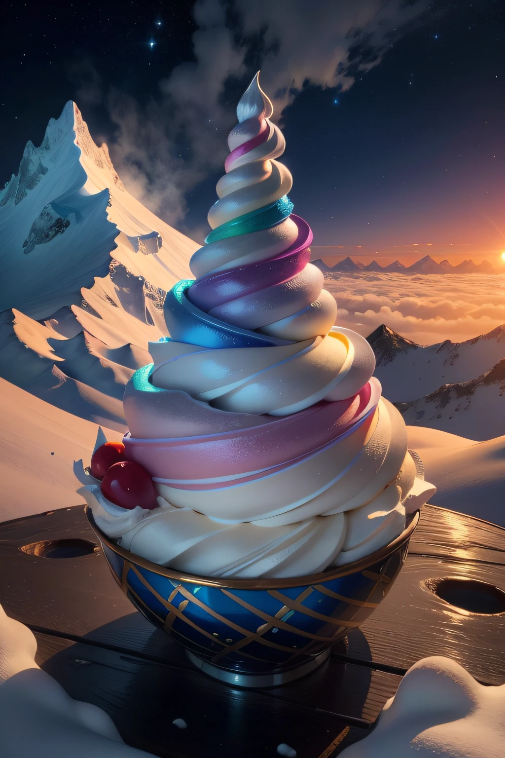 Mountain Fantasy Ice Cream, view from above. Cream cloud, river of molten ice, toutes les couleurs. Great mountain of colorful, Melting fantastic ice dotted with sugar vermicelli. Un enfant regarde en contre-bas. dans le ciel, Large, whipped and sparkling clouds rise. Ambiance lumineuse et pastel, Beautiful daytime running light.
