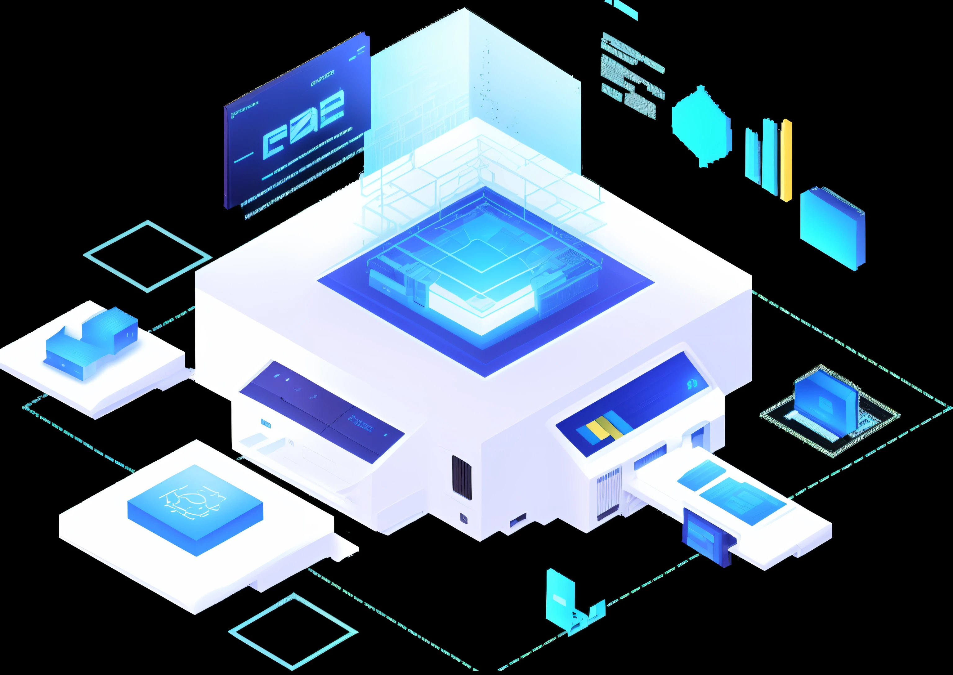 Computers with printers and other electronic devices around, prerendered isometric graphics, isometric design, Isometric style, Isometric 3D, isometric 3 d, 3 d isometric, 3d isometric, isometry, isometric 8k, isometric game, isometric invironment, isometric illustration, in detailed data center