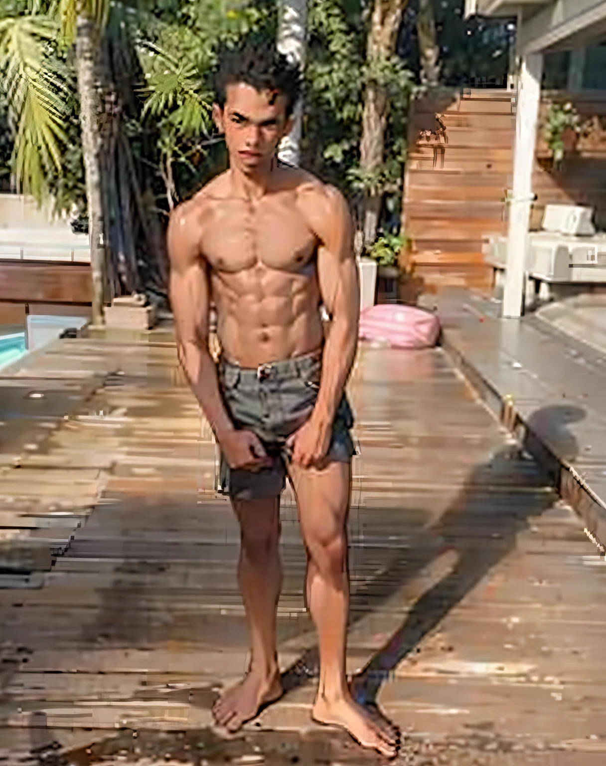 there is a man standing on a wooden deck next to a pool, taken in the early 2020s, full body picture, leaked photo, black age boy, of a shirtless, full body pictures, taken in 2022, he is about 20 years old, he is about 2 0 years old, 1 6 yell extremely slim body