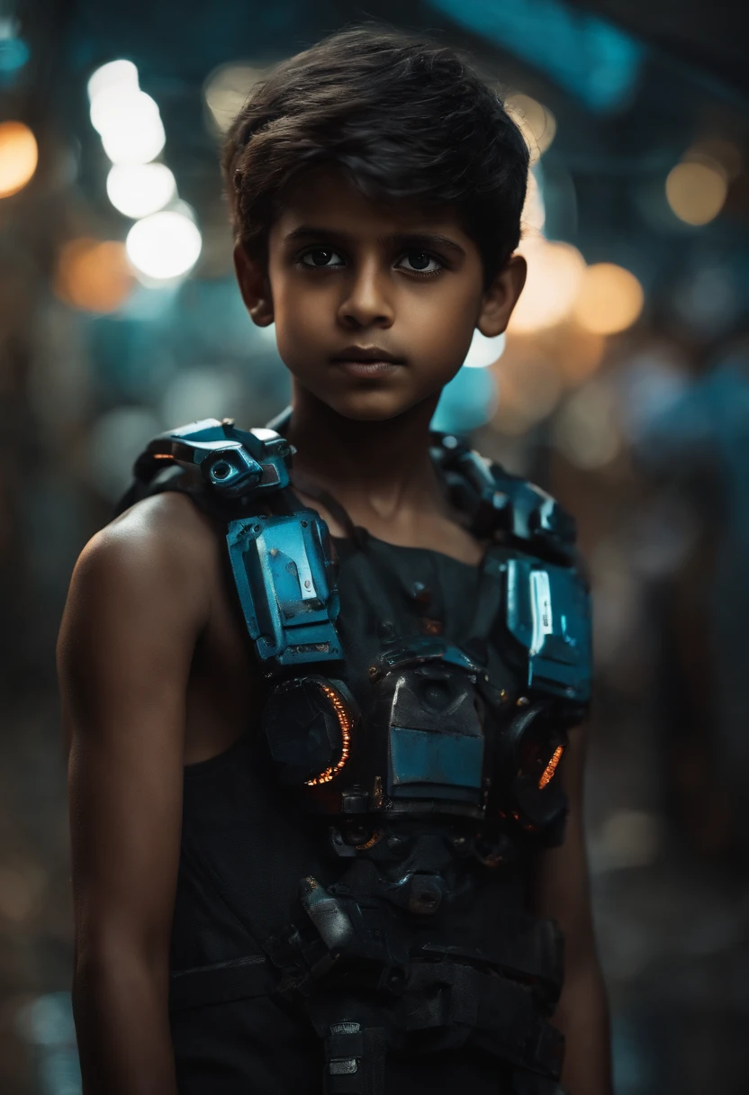 Boy looking destroy Mumbai in robots hyper realistic dark colour background