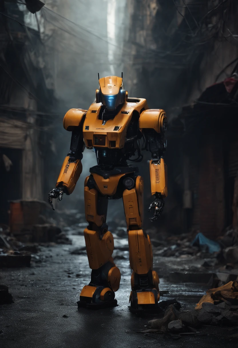 Boy looking destroy Mumbai in robots hyper realistic dark colour background