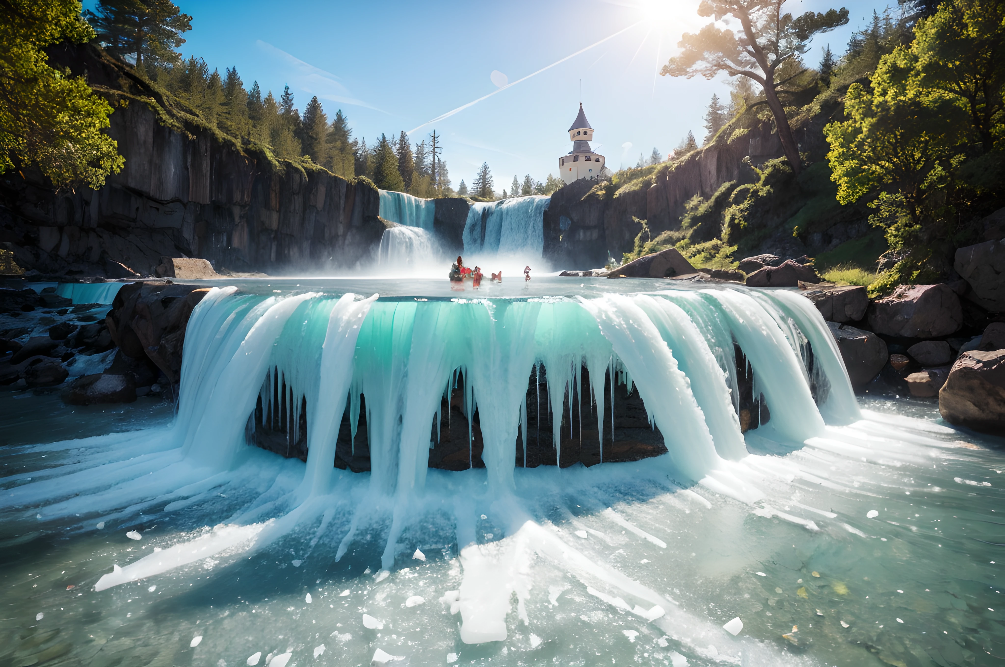 (8k masterpiece, best quality:1.2) Imagine a mesmerizing ice cream fantasy beyond imagination. In this vivid and dreamlike world, every detail is a masterpiece. The landscape is a whimsical candy wonderland, with towering ice cream mountains, rivers of chocolate, and forests made of candy cane trees. The sky is a swirl of cotton candy clouds, and the sun is a radiant scoop of golden vanilla.
At the heart of this fantastical world stands an awe-inspiring ice cream castle, reaching toward the sky. The castle is constructed entirely from shimmering, crystal-clear sugar glass, adorned with intricate spun sugar decorations that catch the light like precious gems. The grand entrance is a colossal ice cream cone, and the drawbridge is made of gummy bears.
The inhabitants of this world are delightful ice cream creatures, each with its own unique flavor and personality. There are chocolate chip cookie dough squirrels, strawberry swirl songbirds, and mint chocolate chip butterflies. They flutter and frolic among the candy flora. A frozen waterfall of rainbow sherbet cascades down one of the ice cream mountains, creating a dazzling display of colors. The waterfall is so cold that it freezes the air around it, forming a shimmering mist of sugar snowflakes. The air is filled with the intoxicating aromas of freshly baked waffle cones, warm chocolate chip cookies, and the sweet scent of caramelized sugar. These scents mingle and create an irresistible olfactory symphony. Visitors to this enchanting world are children of all ages, their faces lit up with pure delight as they indulge in the endless array of ice cream and confections. They ride on candy cane roller coasters and float in root beer float hot air balloons. The scene is bathed in a warm, golden light, enhancing the richness of the ice cream and the brilliance of the candy colors. The colors should be so vibrant that they seem almost surreal, like a vivid dream.(ray tracing:1.2), (quixel megascan:1.2), (3d work:1.2),