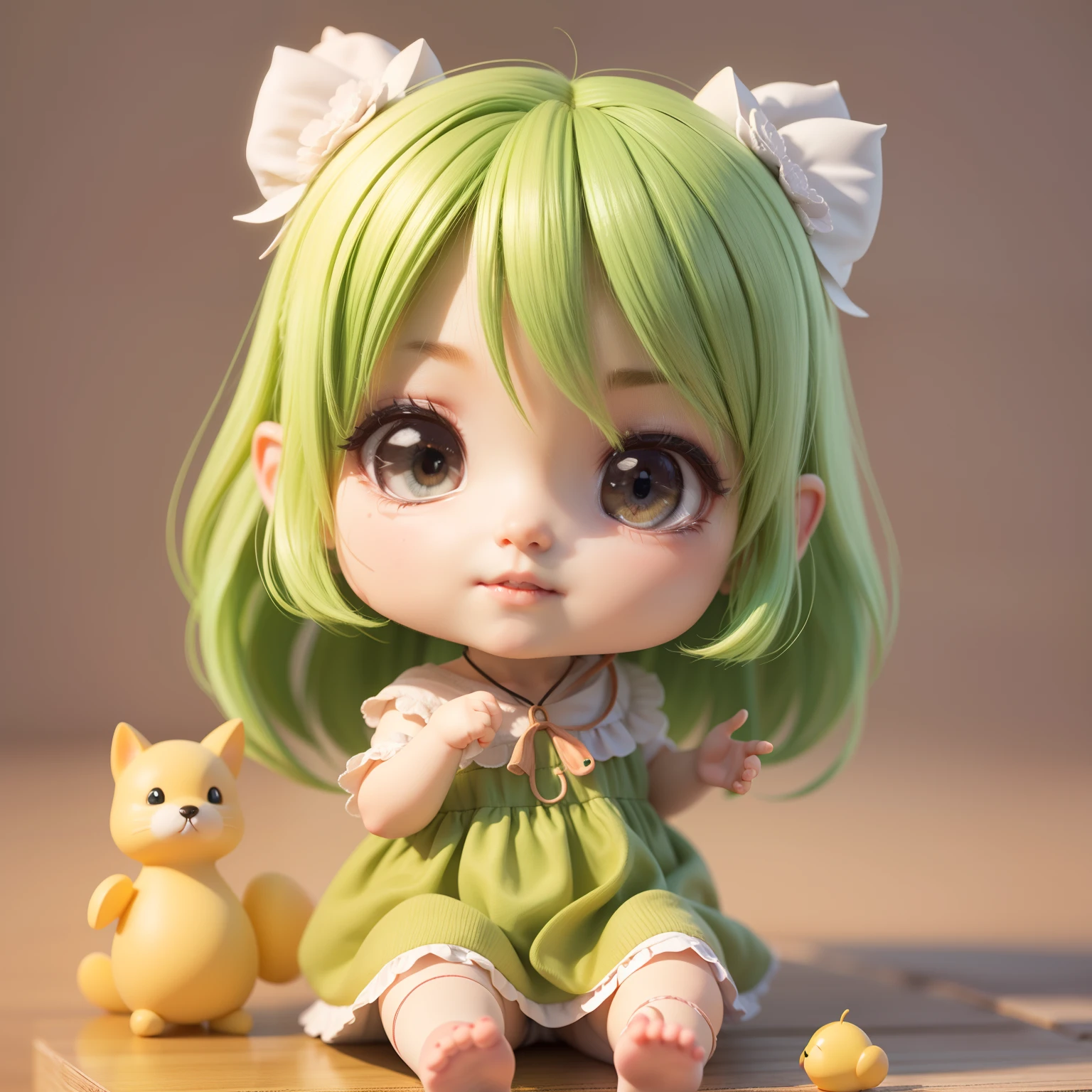 Cute Baby Chibi Anime、(((Chibi 3D))) (Best Quality), (masutepiece)、Green long hairstyle、Chibi Show House、A detailed face、relax