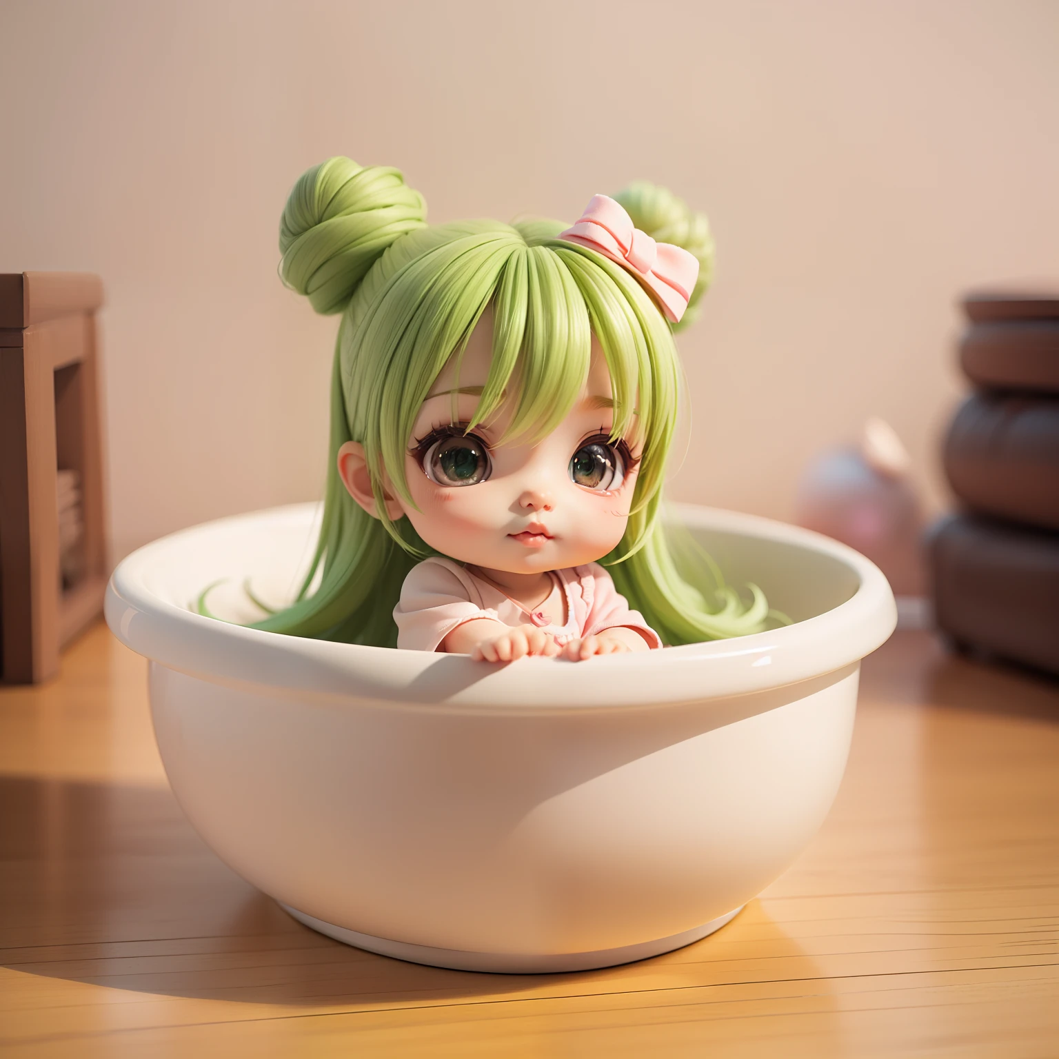 Eat melon ,curlies,in pajamas,Bring a shower cap,face surprised,Eating watermelon,Frontal display --auto